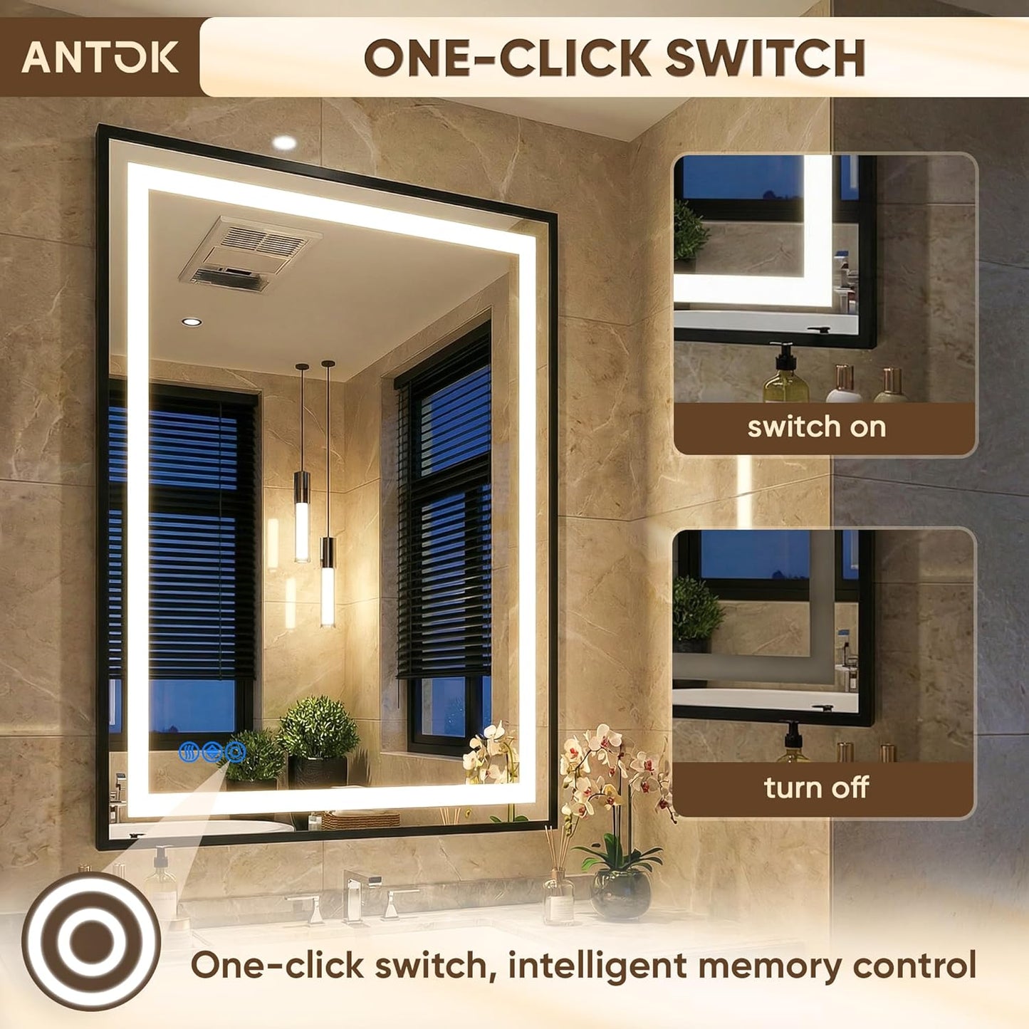Antok 48X36 LED Bathroom Mirror with Lights, Vanity Mirror for Wall with Black Frame, Touch Control, Anti-Fog, Dimmable Lights, Shatter-Proof, Memory Function, Wall-Mounted Vanity Mirrors
