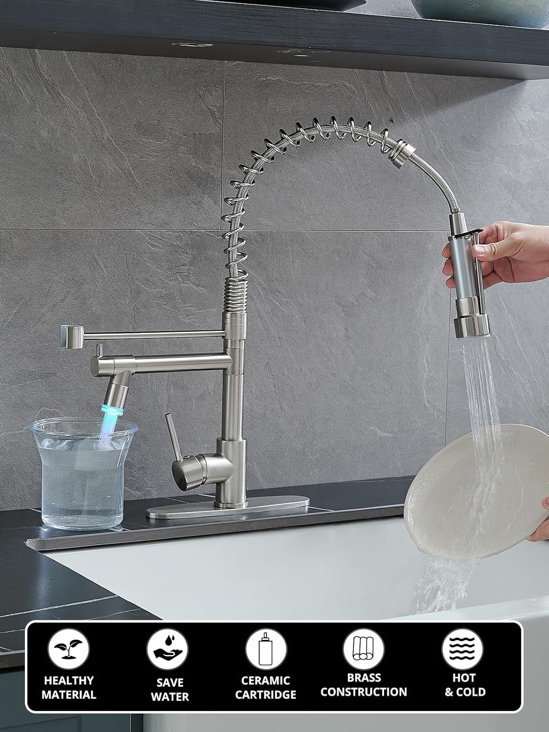 Kitchen Sink Faucet with LED,AIMADI Single Handle Stainless Steel Brushed Nickel Kitchen Faucet with Deck Plate, Grifos De Cocina