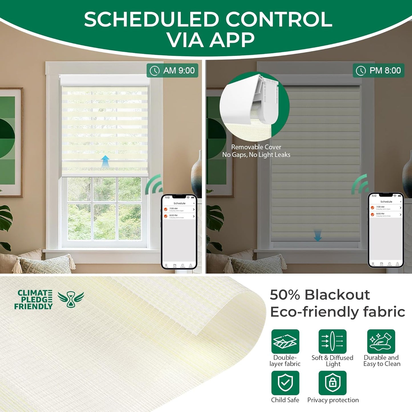 Allesin No Drill Motorized Zebra Blinds – Rechargeable Smart Dual Layer Shades with Cassette Cover, Ultra-Quiet Motor, Automatic Blind with Remote for Indoor Windows (Pearl White 31" W x 72" H)