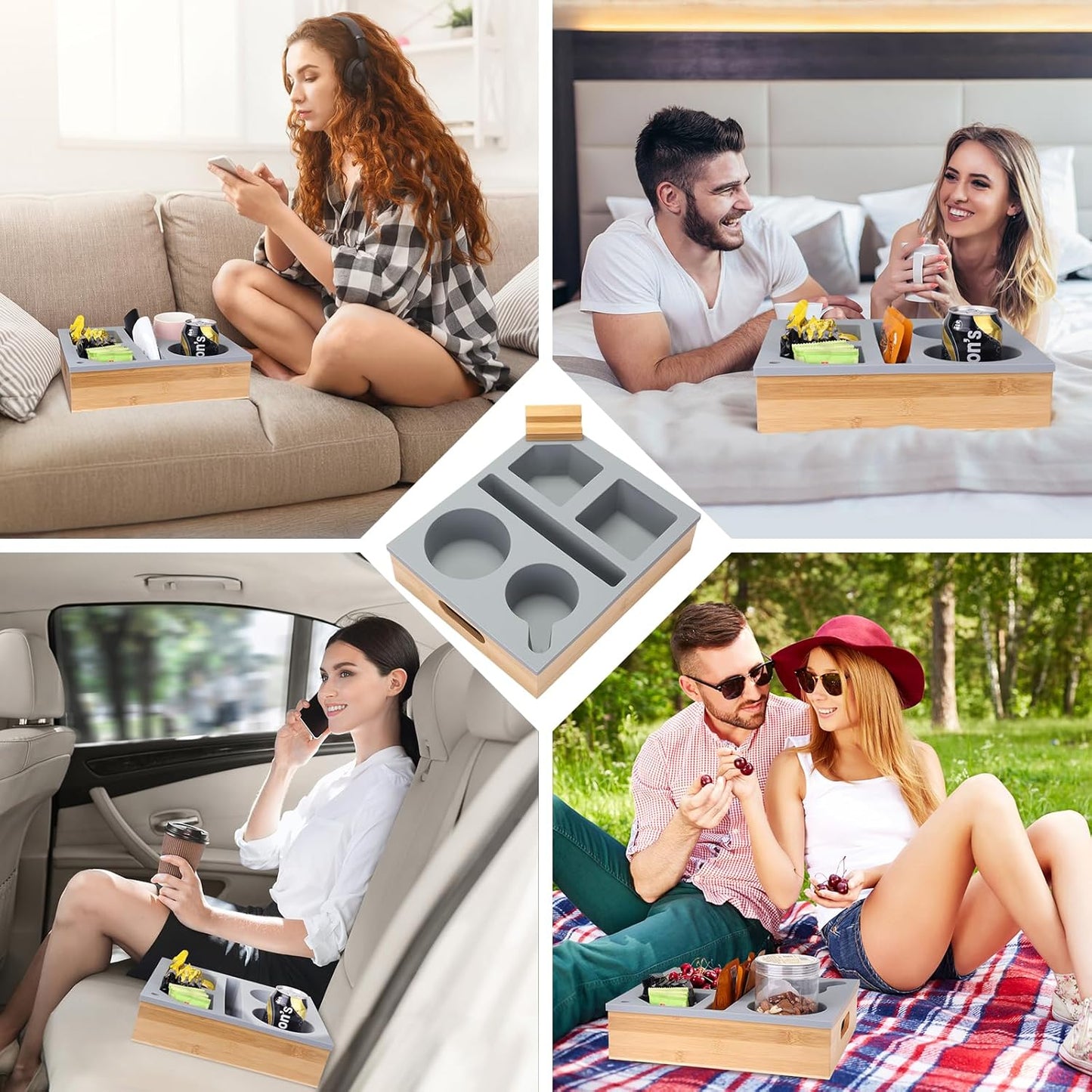 Couch Cup Holder Tray, Couch Caddy with Rotatable Phone Holder, Wooden Sofa Drink Holder with Handle for Bed Car Seat Beach Organizer, Anti-Spill for Snacks Beverage Remote Grey