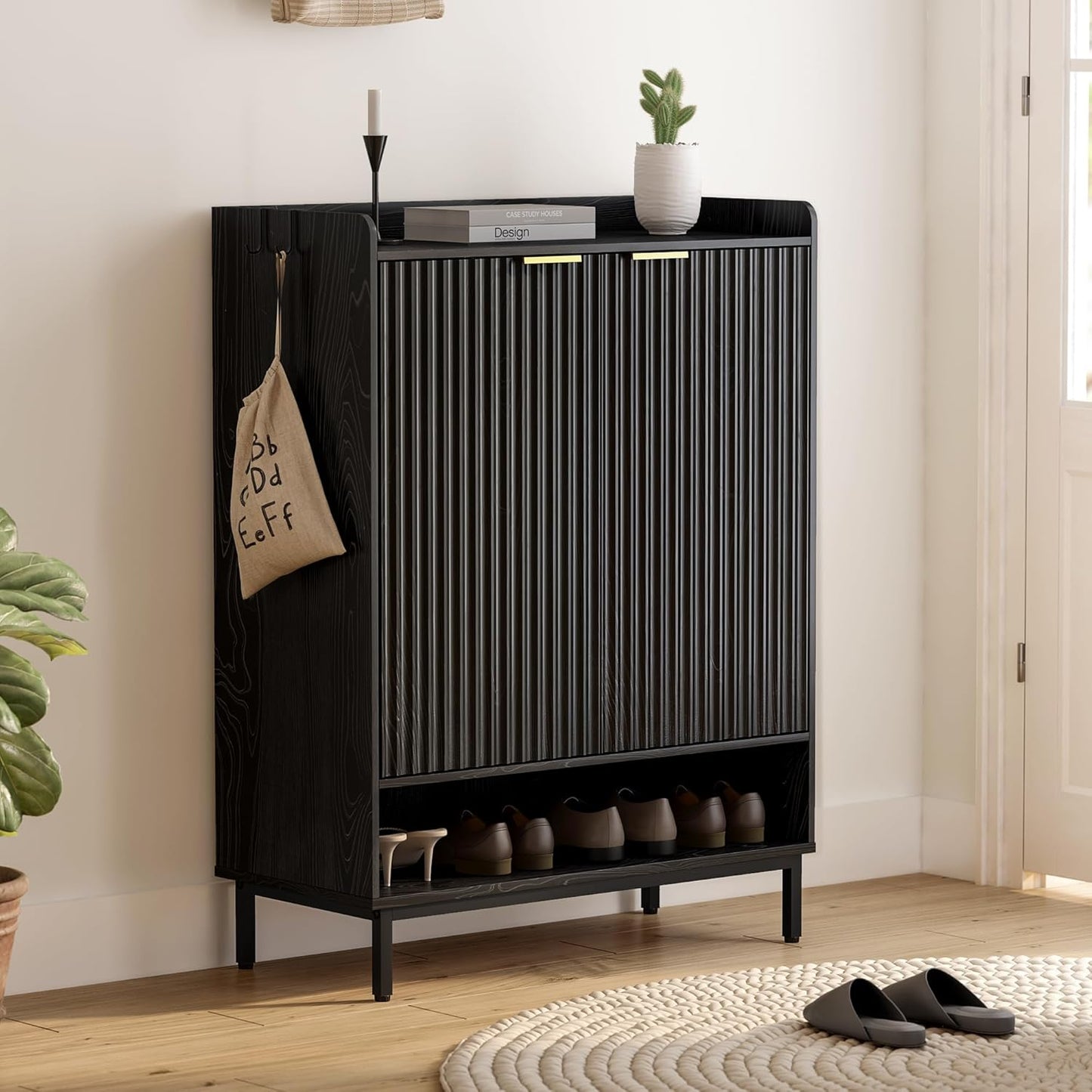 Fluted Shoe Cabinet with Doors, Large Wooden Shoe Storage Cabinet with Hanging Rod, Modern Tall Freestanding Shoe Rack Organizer for Entryway, Hallway Black