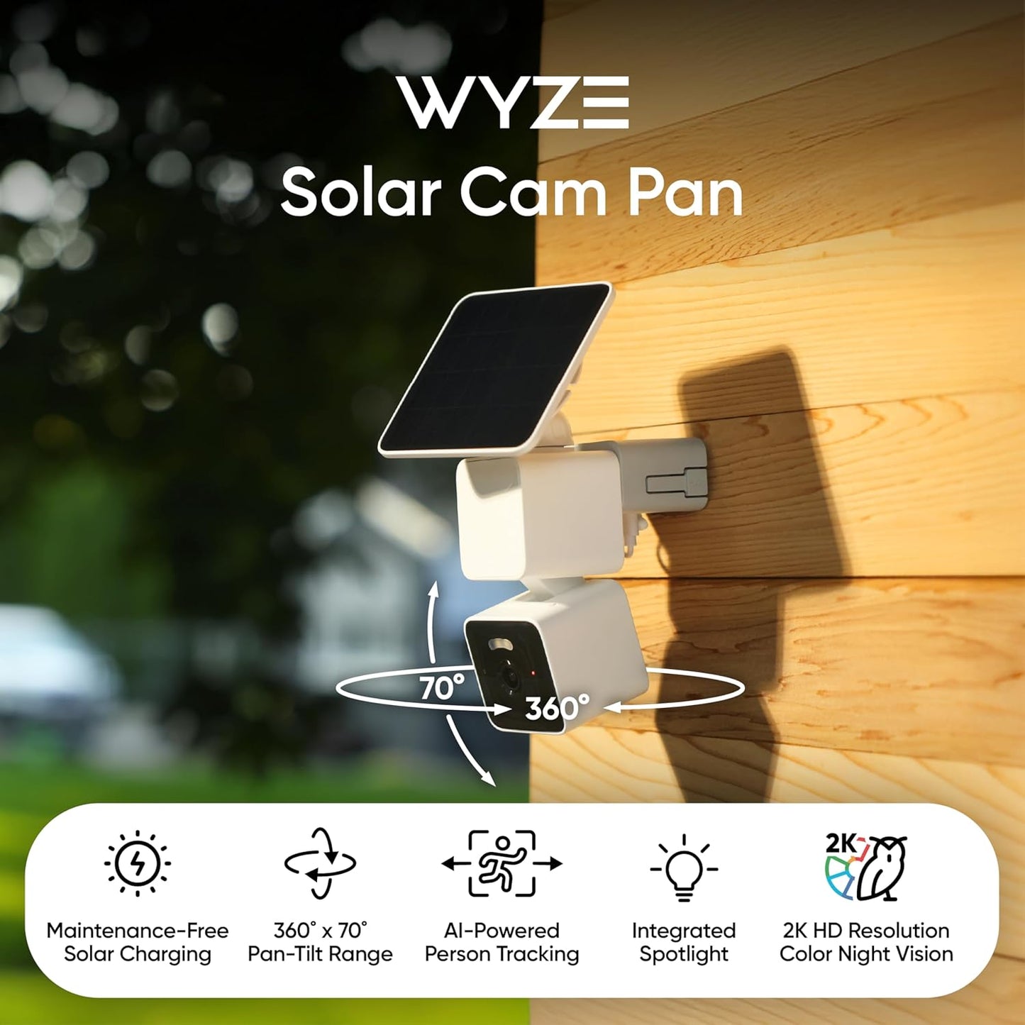 WYZE Solar Cam Pan, Security Cameras Wireless Outdoor, 2K HD 360° Pan-Tilt Battery Powered 2.4GHz Wi-Fi Cameras for Home Security, AI Motion Detection, Color Night Vision, 2-Way Audio, No Blind Spots
