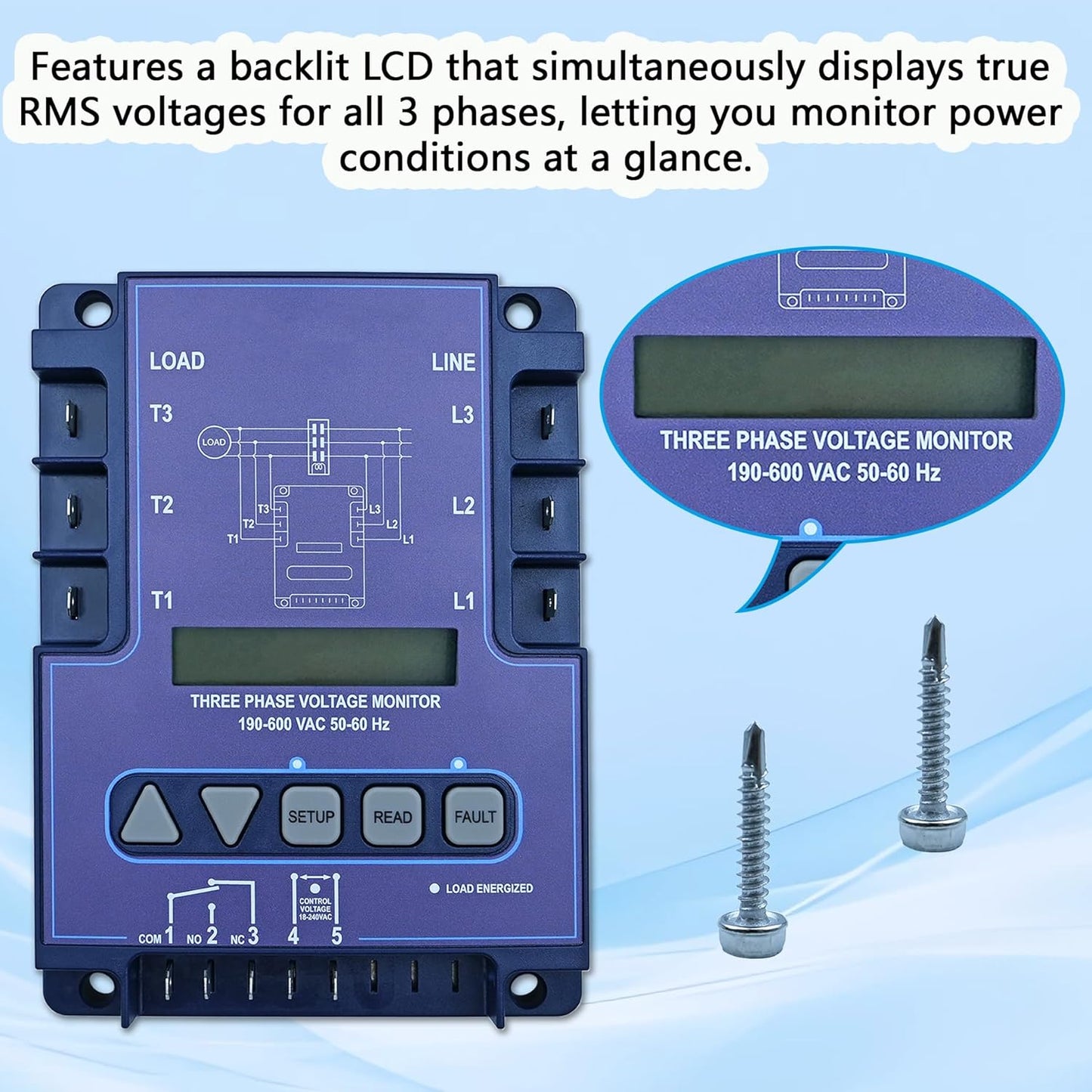 ICM450A 3-Phase Voltage Monitor with Backlit LCD, 190-600V AC, 25-Fault Memory, Programmable Relay, Replacement for ICM450A, EAC-800, PFM-2000
