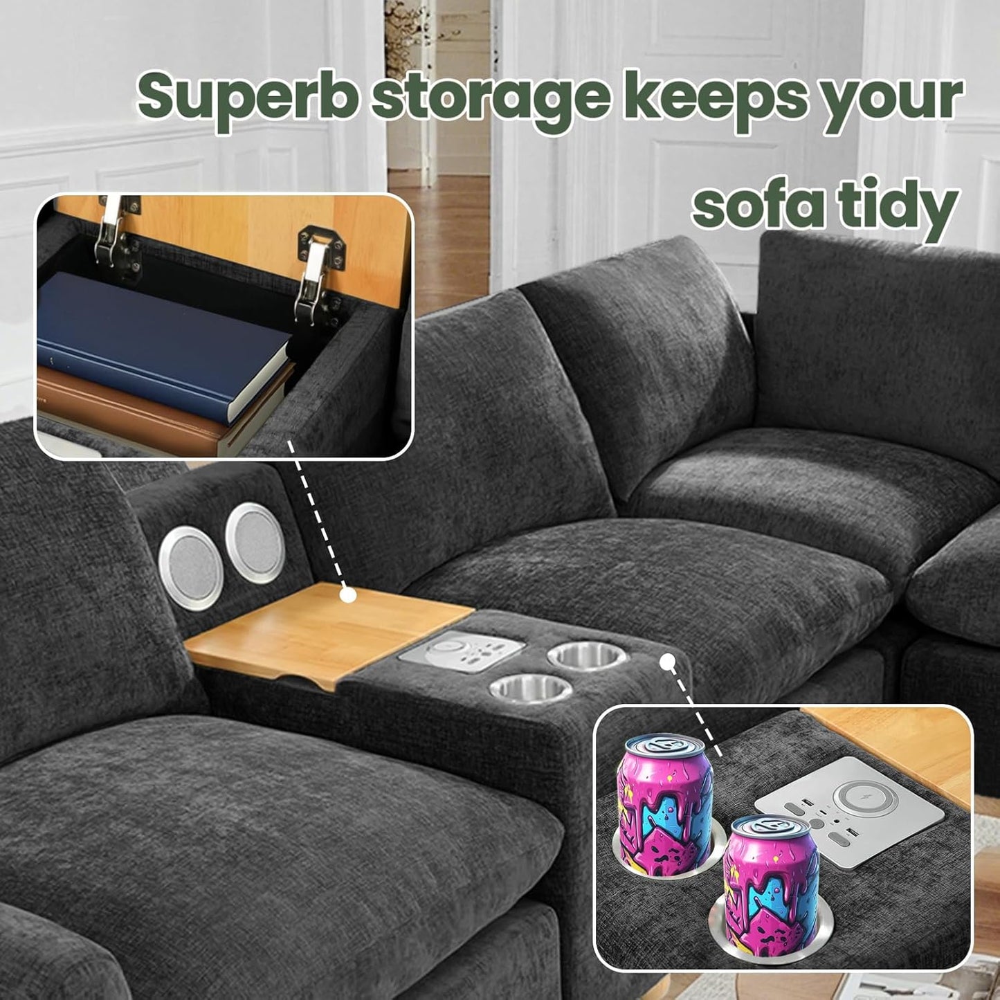 Brelice Modular Sofa Console with Wireless Charging & Bluetooth Speaker - All-in-One Armrest Organizer with Wired Charging, Storage Tray, Volume Control for Sectional Couch, Living Room