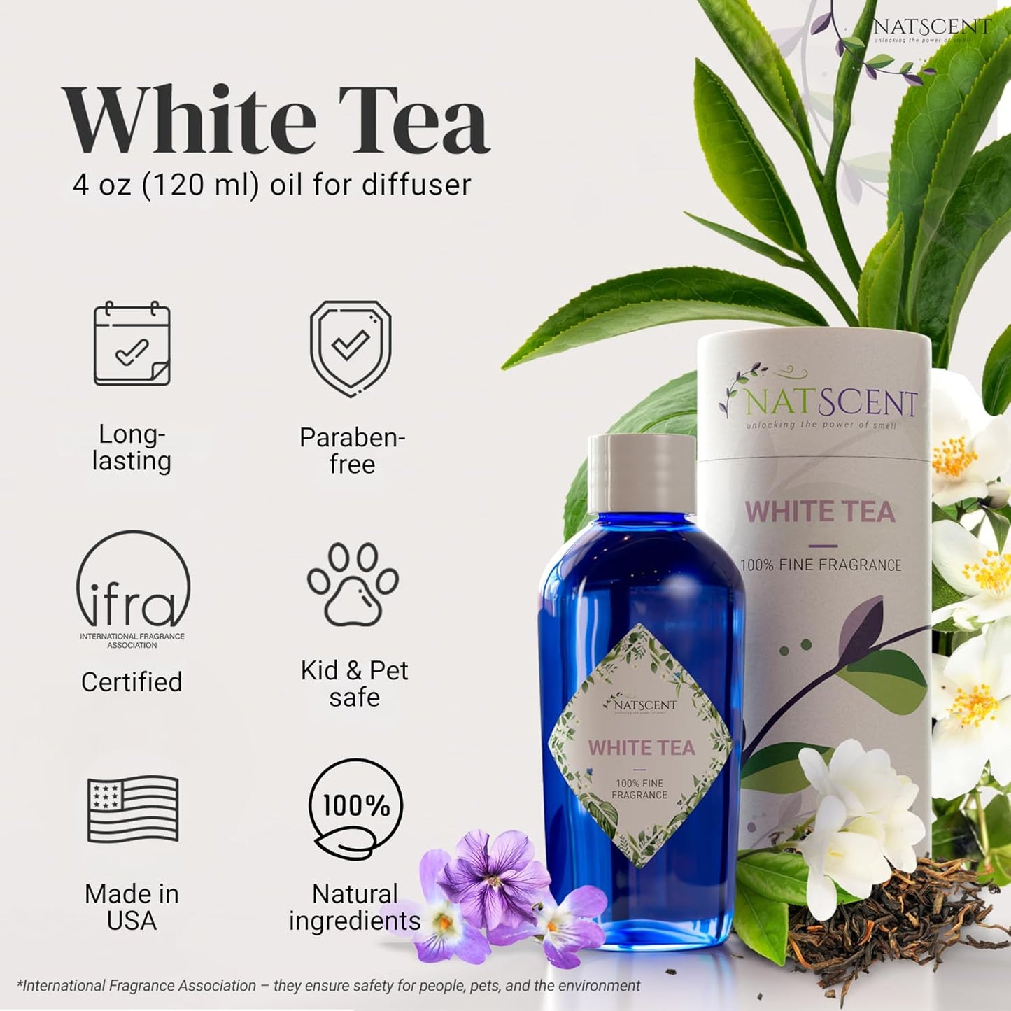 White Tea Essential Oils for Diffusers for Home, Nature-derived White Tea Diffuser Oil, Long-Lasting & Family-Friendly Diffuser Oils Scents, IFRA Certified, Cold Air & Ultrasonic - 4 oz