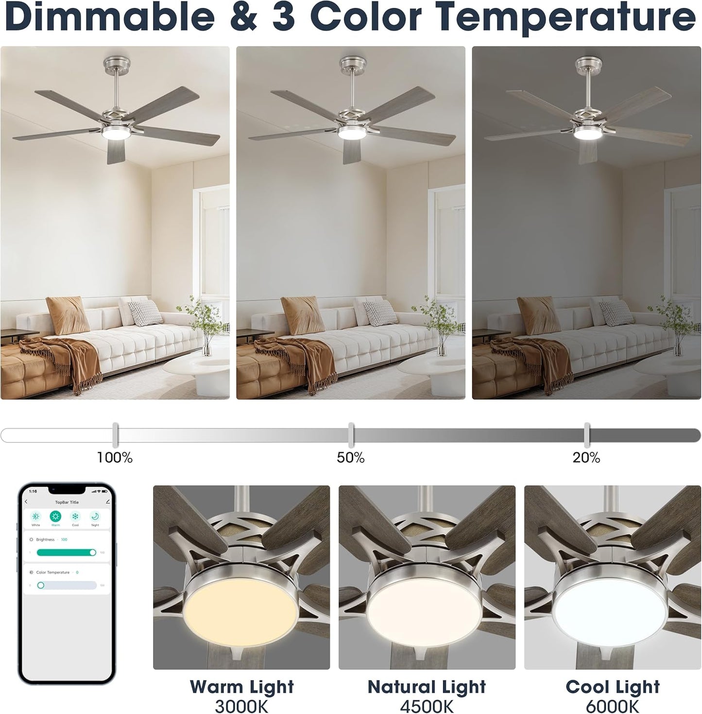 WINGBO 60" Smart Ceiling Fan with Lights and 3 Downrods, 5 Plywood Blades, 6 Speeds Reversible DC Motor, Works with Alexa and Google Assistant, 3CCT Dimmable LED Large Ceiling Fans, Nickel and Grey