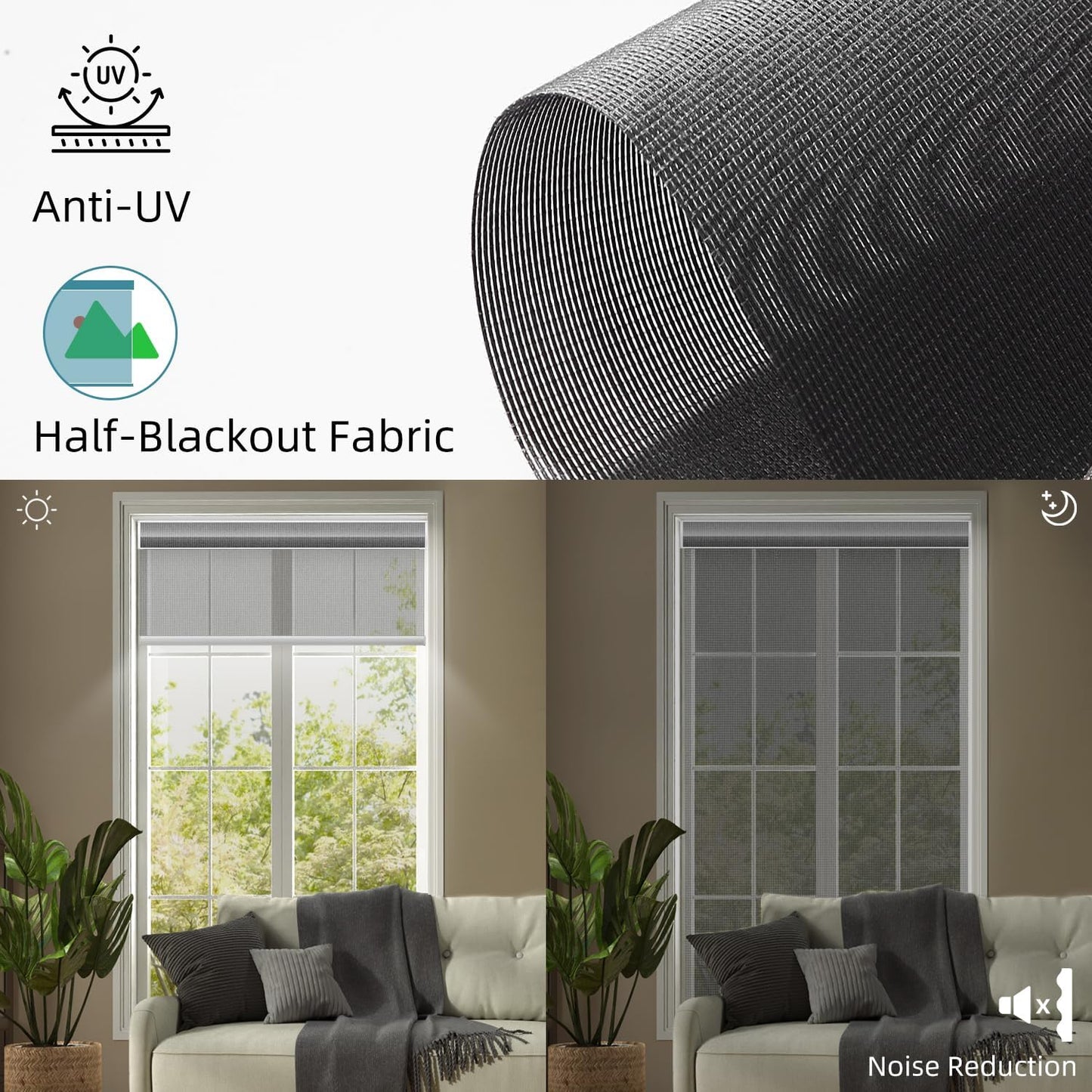 SmartWings Motorized Light Filtering Shades, 50% Blackout PVC Free Smart Blinds, Custom Size, Rechargeable Battery, Works with Matter/Apple HomeKit, Alexa, Thread/Zigbee, Remote Optional, 50% Charcoal