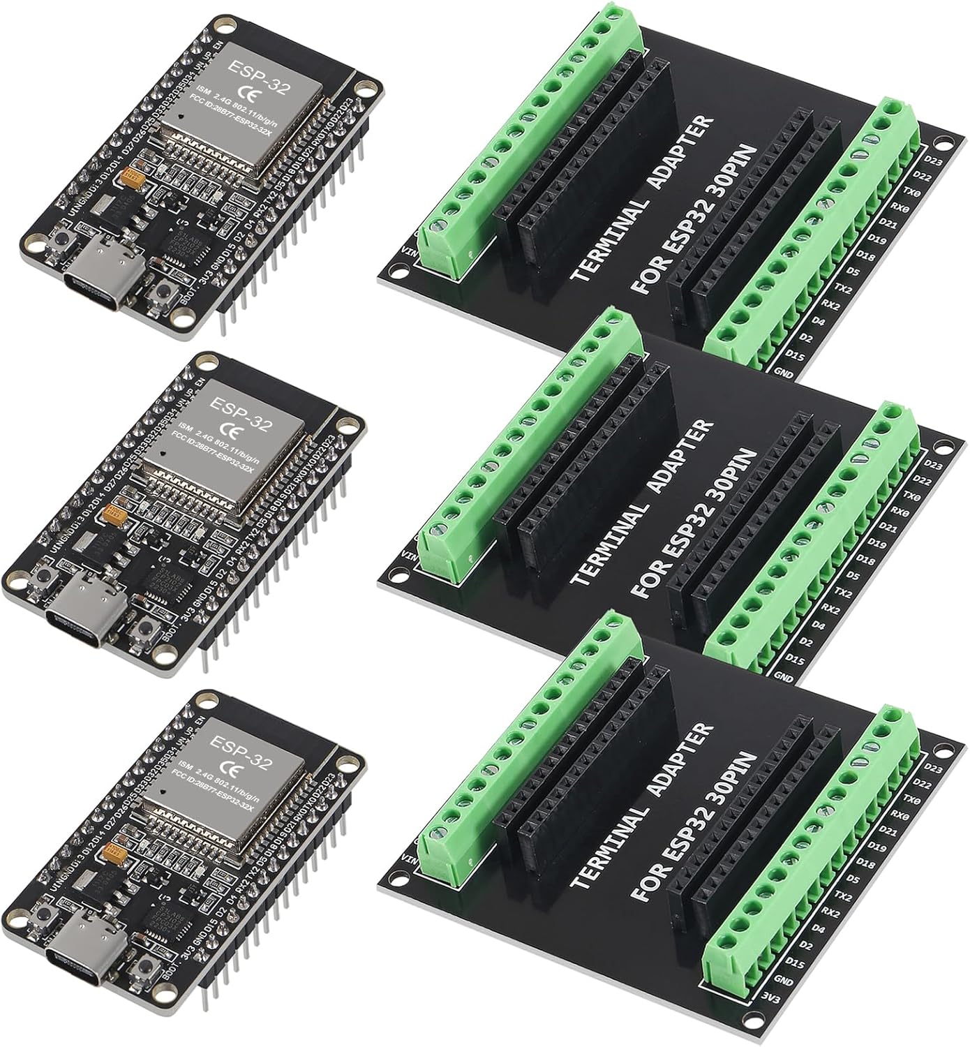 3Pcs ESP32 ESP32-WROOM-32 CP2102 TYPE C Development Board GPIO Breakout Board 30Pin Type-C USB Dual Interface ESP32 Shield 30P WIFI+Bluetooth Dual Core ESP-WROOM-32 ESP-32 ESP-32S Expansion Board