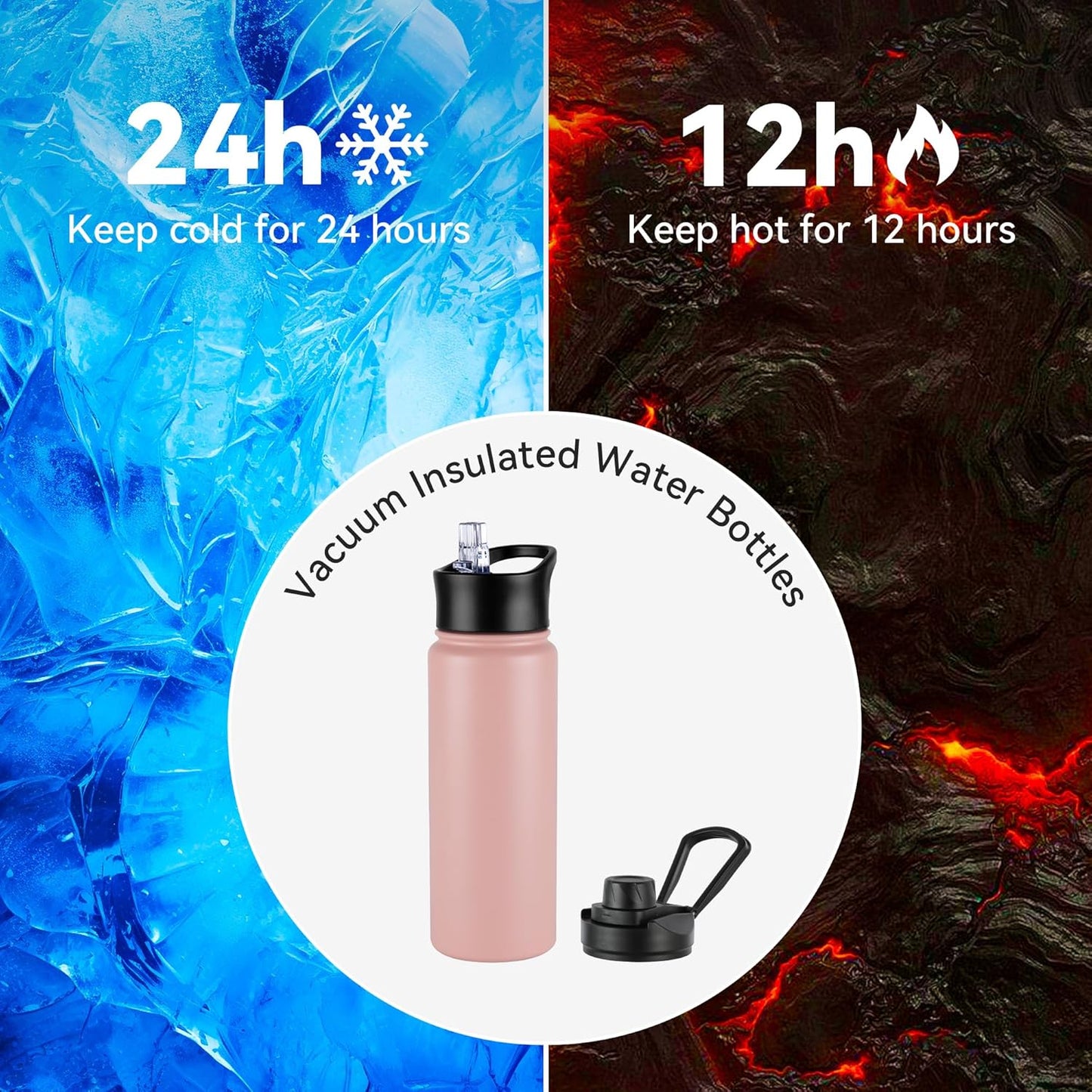 VEGOND 40 oz Insulated Water Bottle Bulk Stainless Steel Metal Water Bottles with Leak Proof Straw Lid & Spout Lid, Wide Mouth Double Walled Vacuum Travel Sports Bottle, 4 Pack