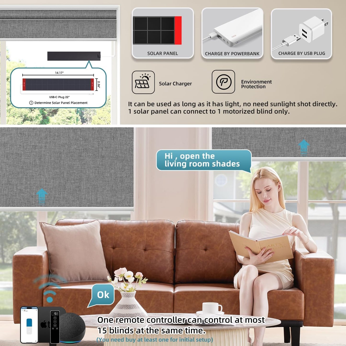 SmartWings Motorized Blinds Dual-Sided Cordless Smart Blackout Shades, Custom Size, Rechargeable Battery, Work with Matter/Apple HomeKit, Alexa, Thread/Zigbee, Remote Optional, Bouvardia Medium Grey