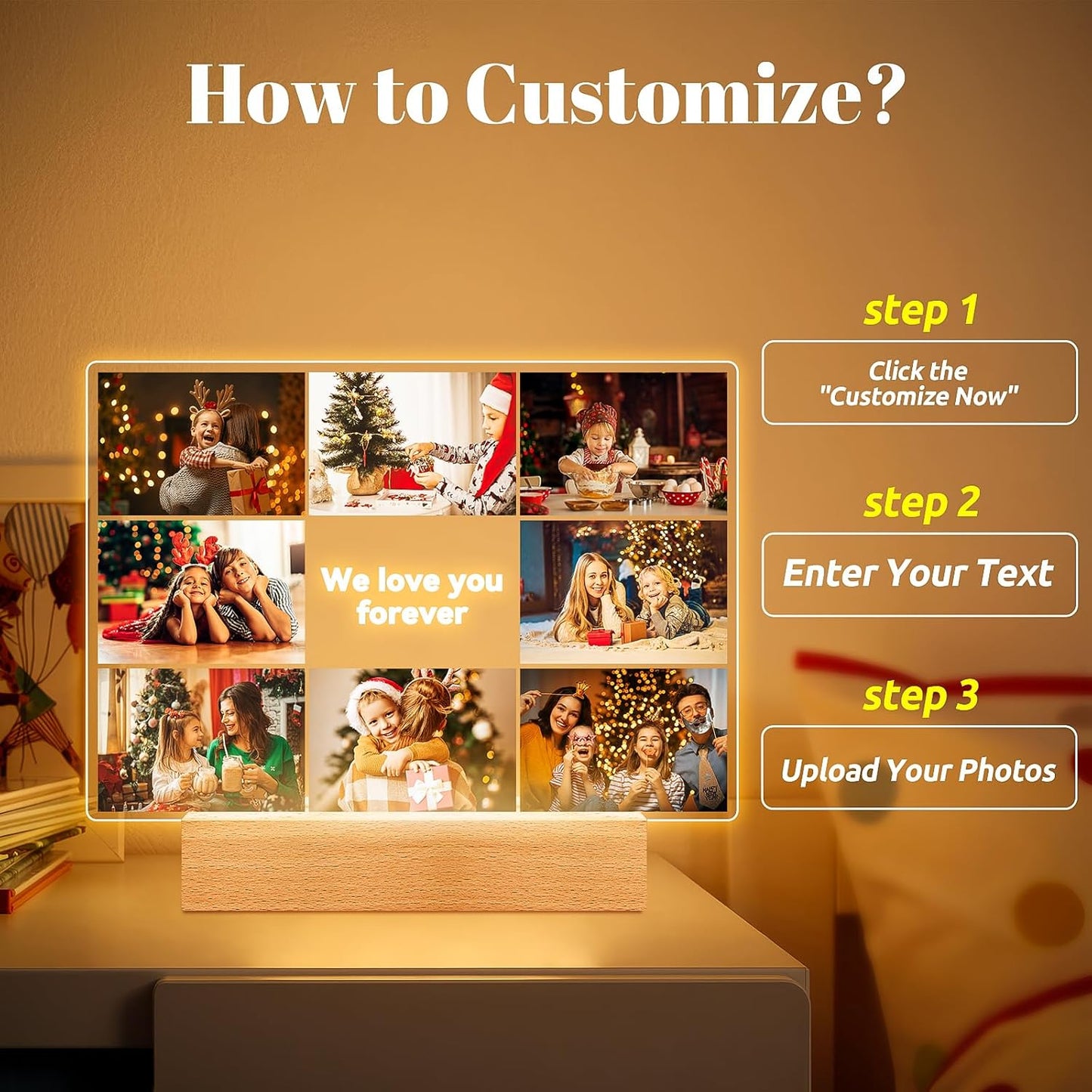 Custom Picture Frames with Photos, Personalized Photo Picture Frame, Customized Photo Frame with Night Light, Personalized Christmas Photo Gifts for Women, Men, Mom, Dad, Kids, Baby, Family, Friends