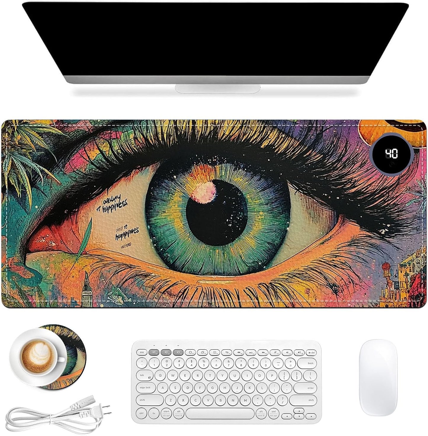 Heated Mouse Pad 31.5x13 in 3-Temp Fast Heating Desk Mat with Auto Timer Warmer for Hands Wrist Pain Relief Waterproof Keyboard Mat for Office, Gaming, Home, Colorful Eye Art