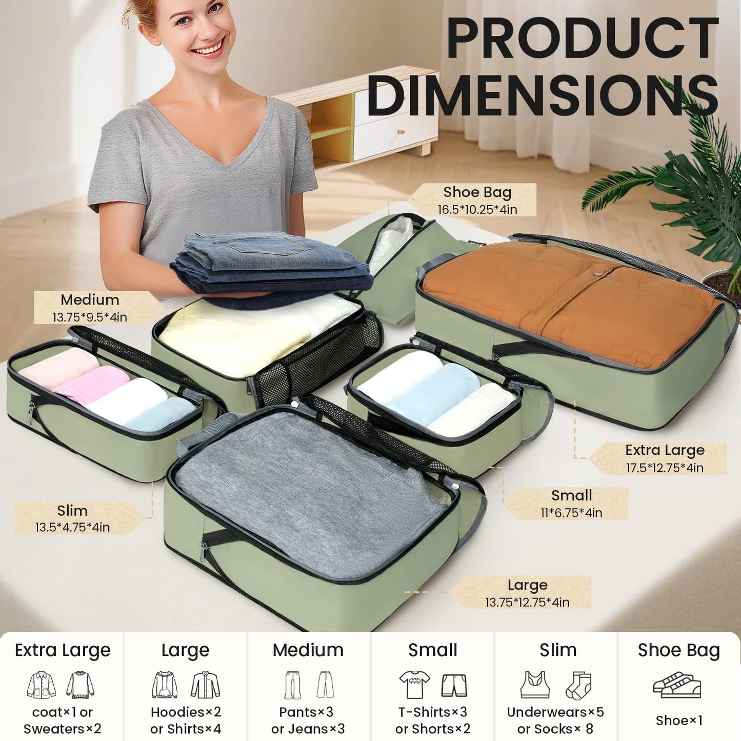 BAGAIL 4 Set/6 Set/8 Set Compression Packing Cubes Travel Accessories Expandable Packing Organizers (Half Mesh, 6-Matcha Green)