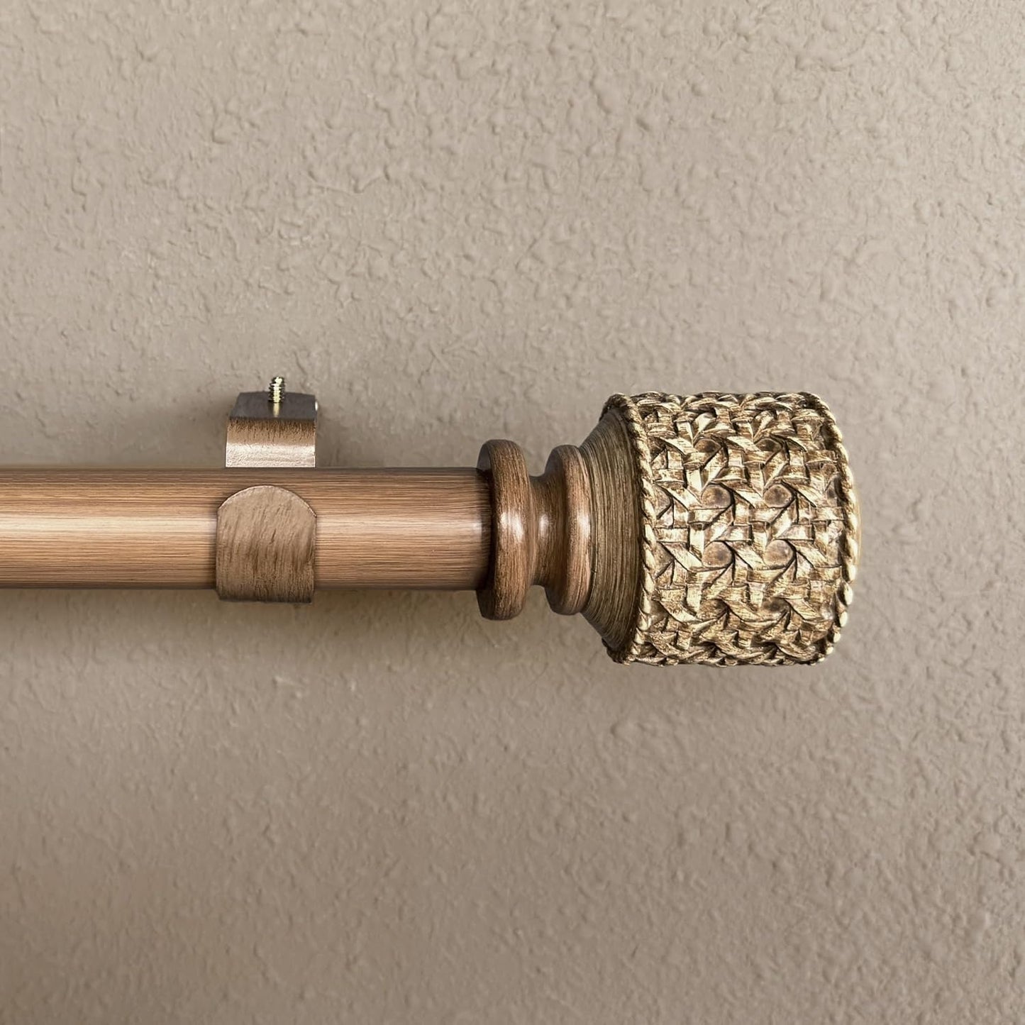 1-1/8 Inch Diameter Faux Wood Curtain Rods with Faux Rattan Cane Woven Finial, 72-144'' Telescoping Single Curtain Rods for window width 68-140 inch, 1 pack
