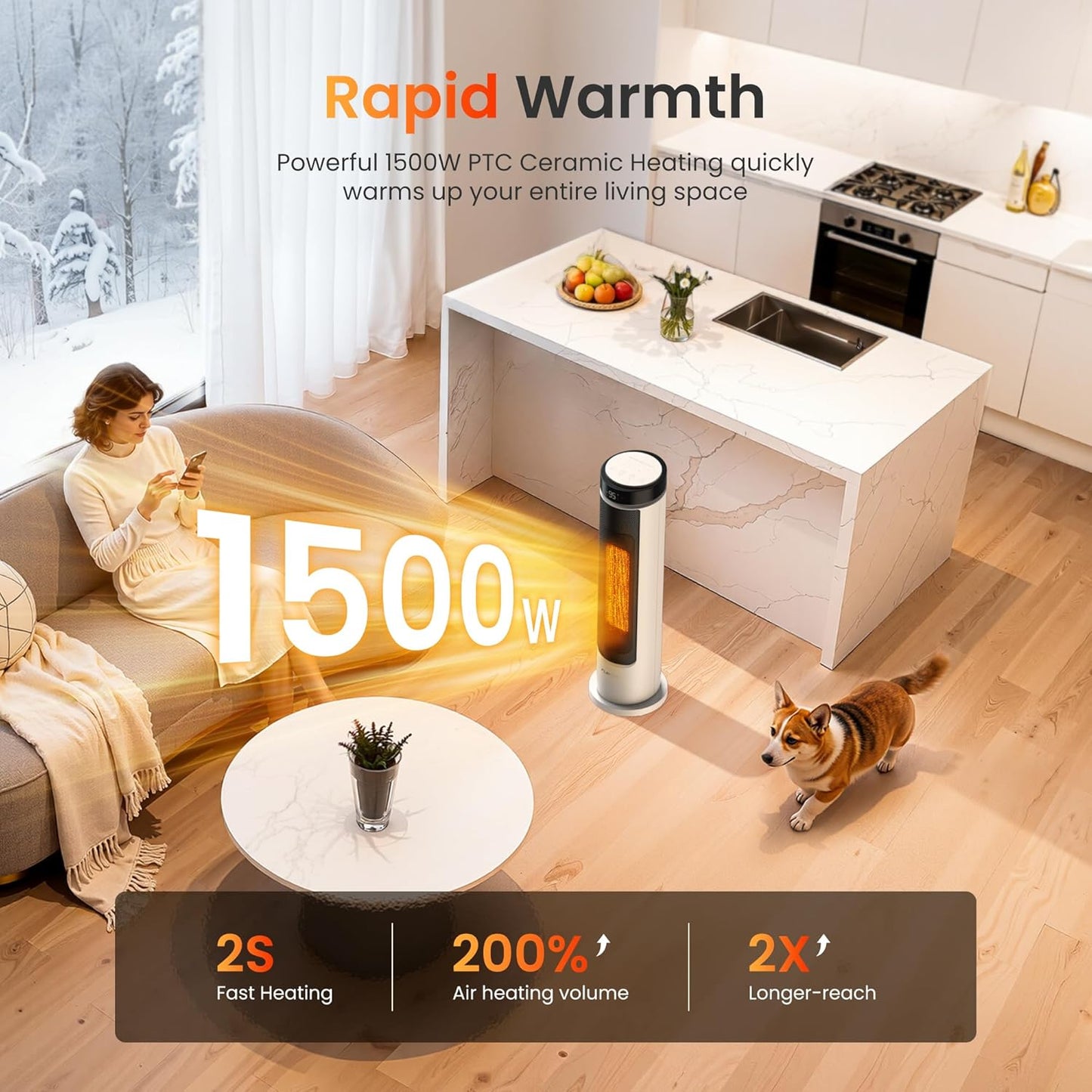 1500W Tower Indoor Space Heater for Home with Programmable Thermostat, 12H Timer & Remote Control, Oscillation and ECO Mode, Electric Heaters for Office, Bedroom, Home (Ivory)