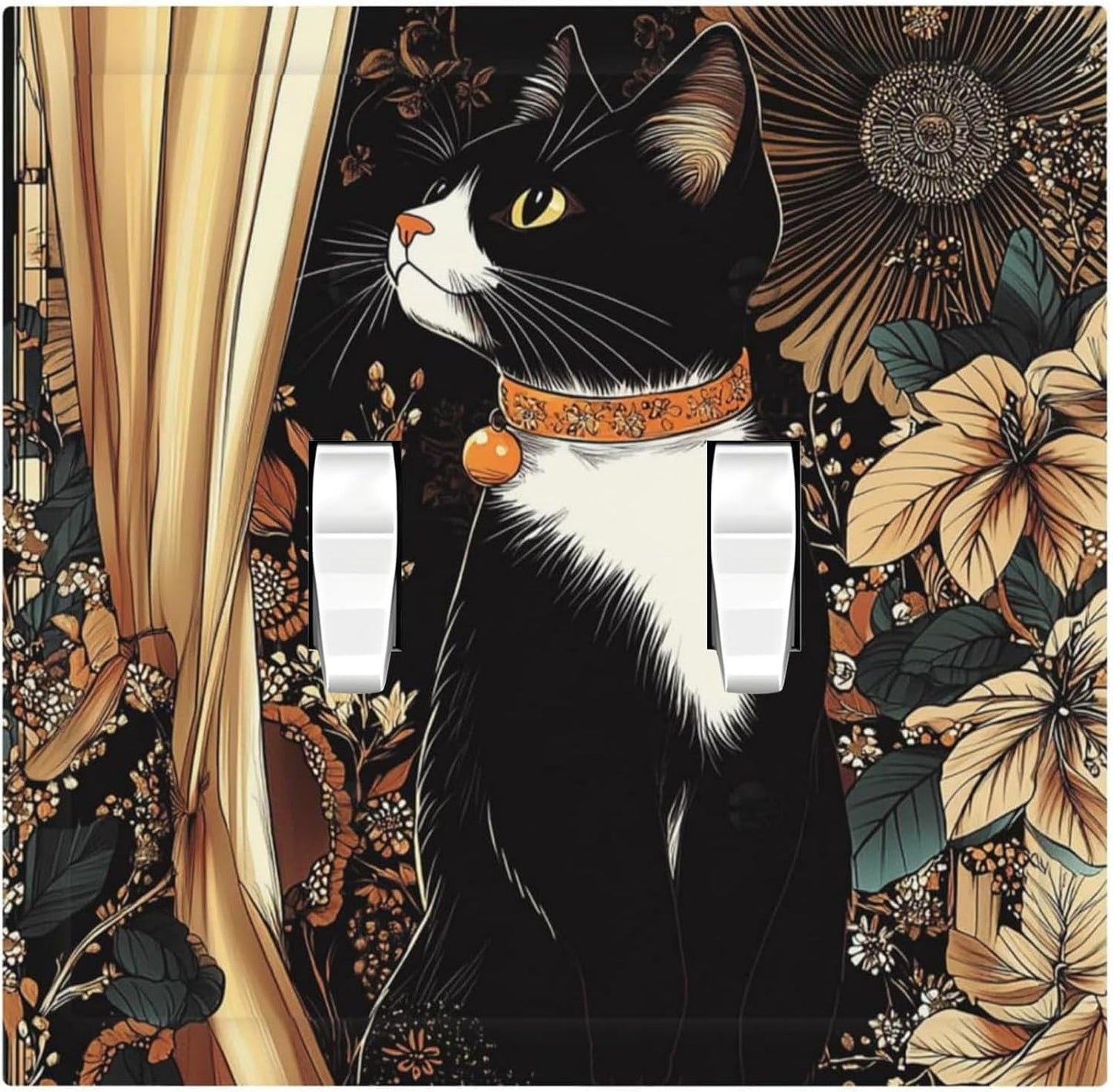 Decorative Switch Plates Boho Mandala Floral Black Cat Vintage Flower 2 Gang Double Toggle Outlet Light Switch Cover Wall Plate Electrical Faceplate For Farmhouse Home Decor