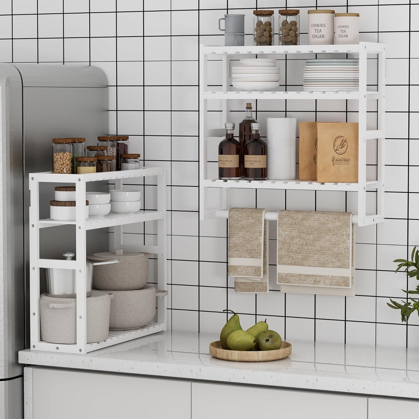 Towel Rack Bathroom Storage Shelves Over The Toilet with Towel Bar 100% Bamboo Adjustable Height Floating Shelf Wall Shower Shelf for Small Space Updated Painting