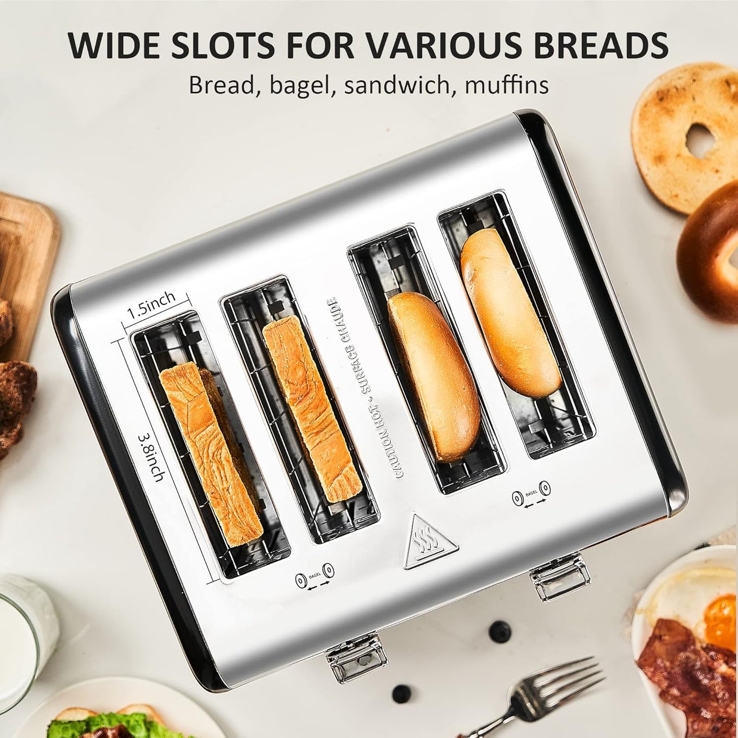 Roter Mond Countdown Stainless Steel 4 Slice Toaster with Bagel, Defrost, Cancel Function, Dual Toaster, Extra Wide Slots, 6 Shade Settings, Removable Crumb Trays, 1650W, Black
