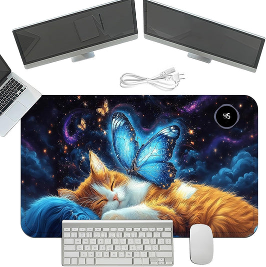 Heated Mouse Pad with 3 Temperature Settings(104°F–122°F),Large 24x14.2 Inch PU Leather Heated Desk Mat,Waterproof Warming Pad for Office,Gaming & Cold Hands Relief,Cat Bule Butterfly