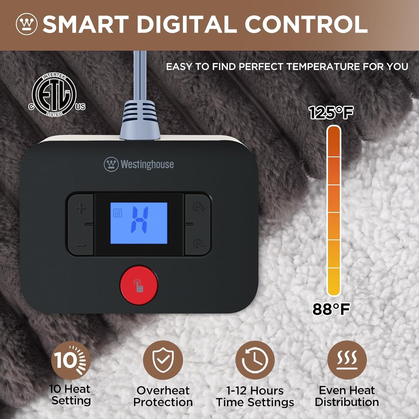 Westinghouse Electric Blanket Full Size, Super Cozy Luxury Faux Fur & Sherpa Heated Blanket with 10 Heating Levels & 1-12 Hours Auto Off, Fast Heating Blanket, Machine Washable, 80x 84 Inch Charcoal
