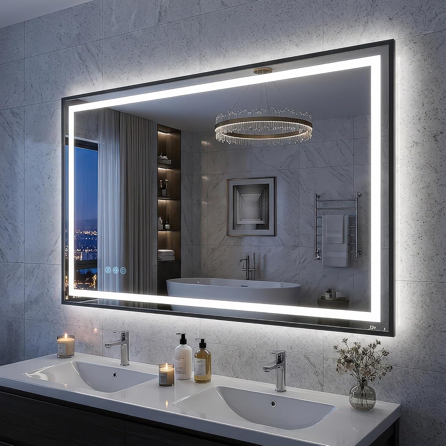 Antok 48X32 LED Bathroom Mirror with Lights, Vanity Mirror for Wall with Black Frame, Touch Control, Anti-Fog, Dimmable Lights, Shatter-Proof, Memory Function, Wall-Mounted Vanity Mirrors