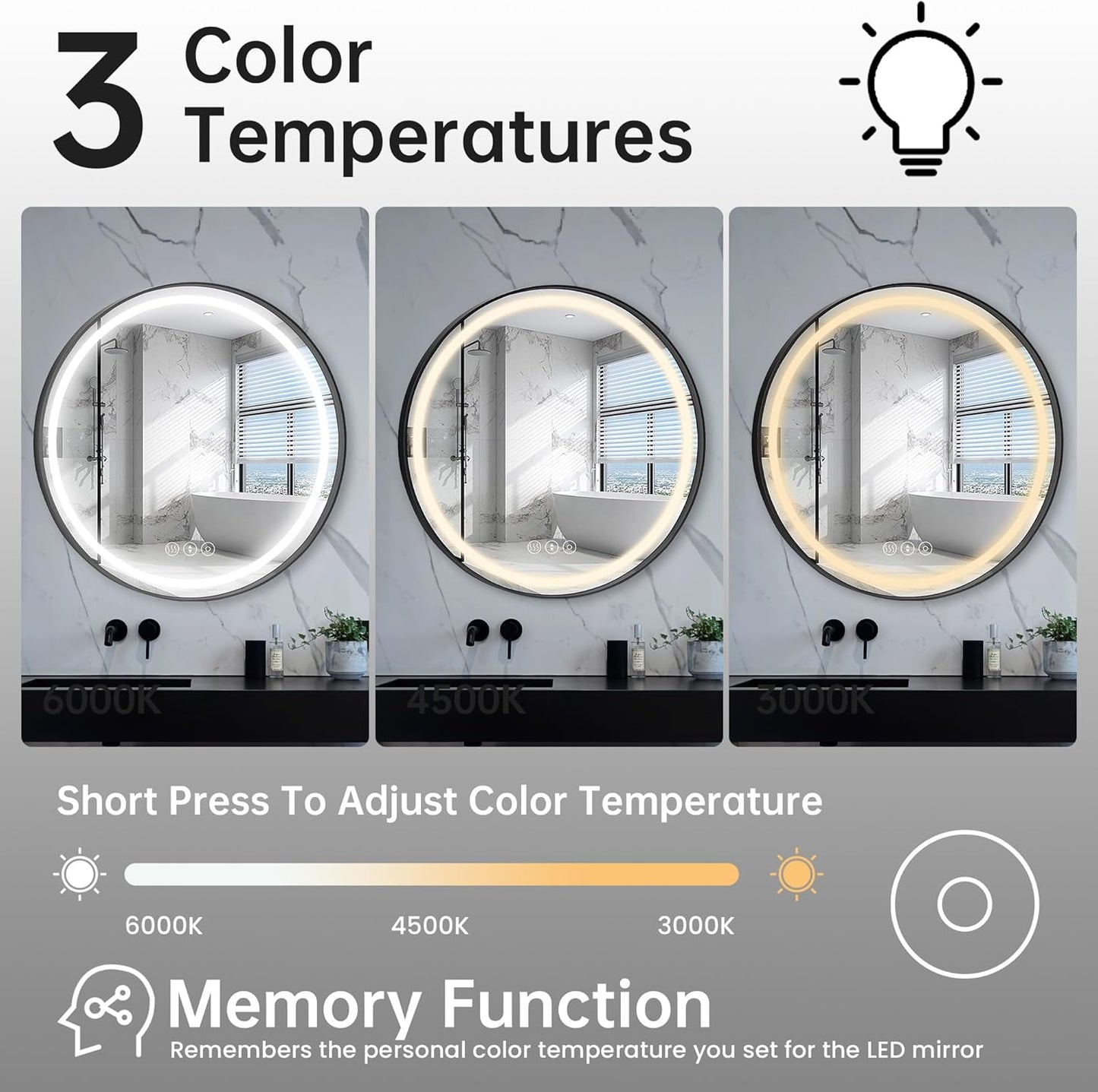 32 Inch Round Led Mirror, Bathroom Mirror with Lights, Black Metal Framed Frontlit Circle Mirrors for Wall with Anti-Fog, Memory Function, 3 Color Temperature, Dimmable Makeup Mirror