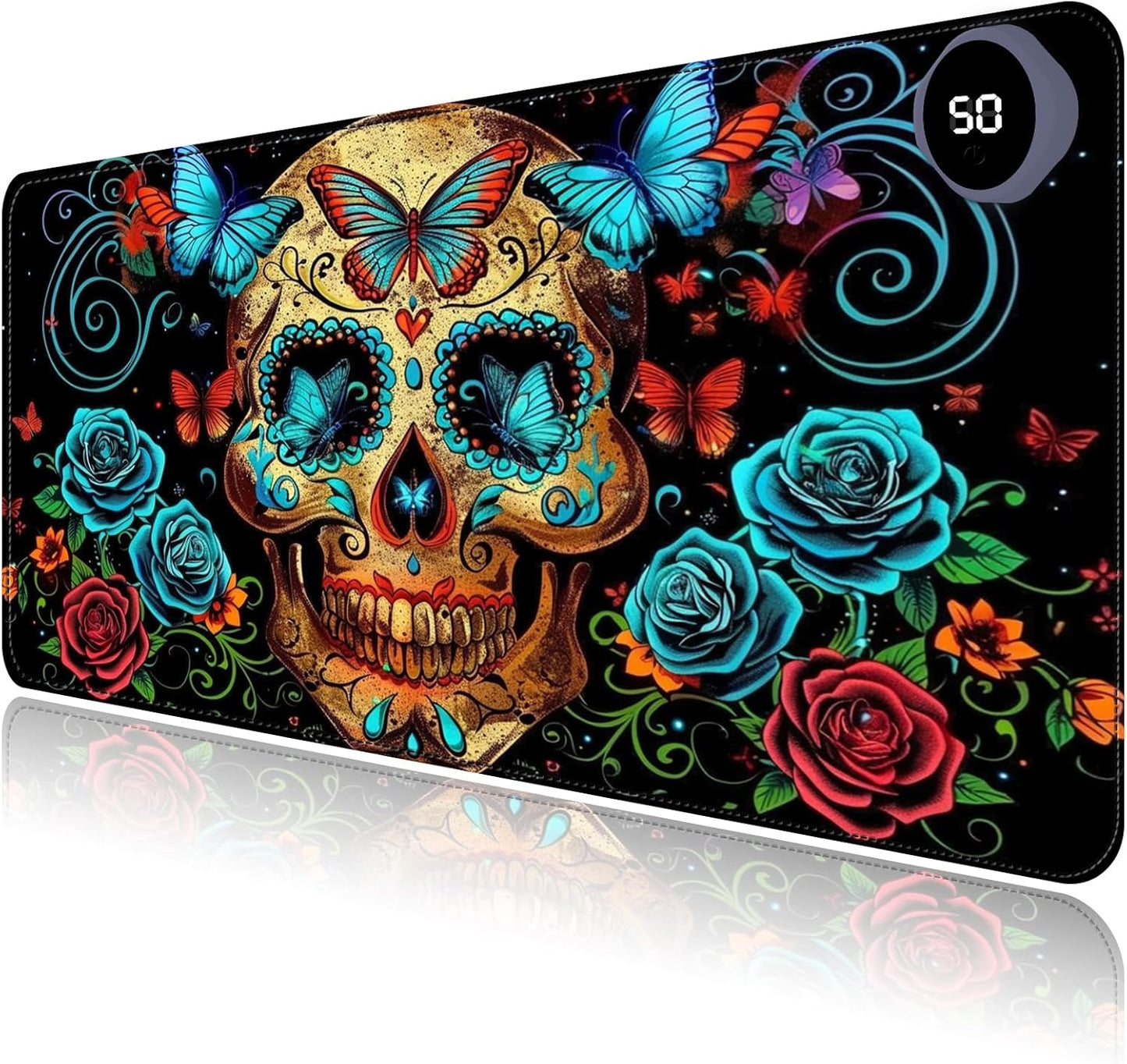 Heated Mouse Pad with 3 Levels Heated & 3 Hours Auto Shut-Off Mouse Pad for Warming Hands in Office Home, 31.5" x 13"Large Safe Desk Mat Hand Warmer，Skull Butterfly Blue Rose
