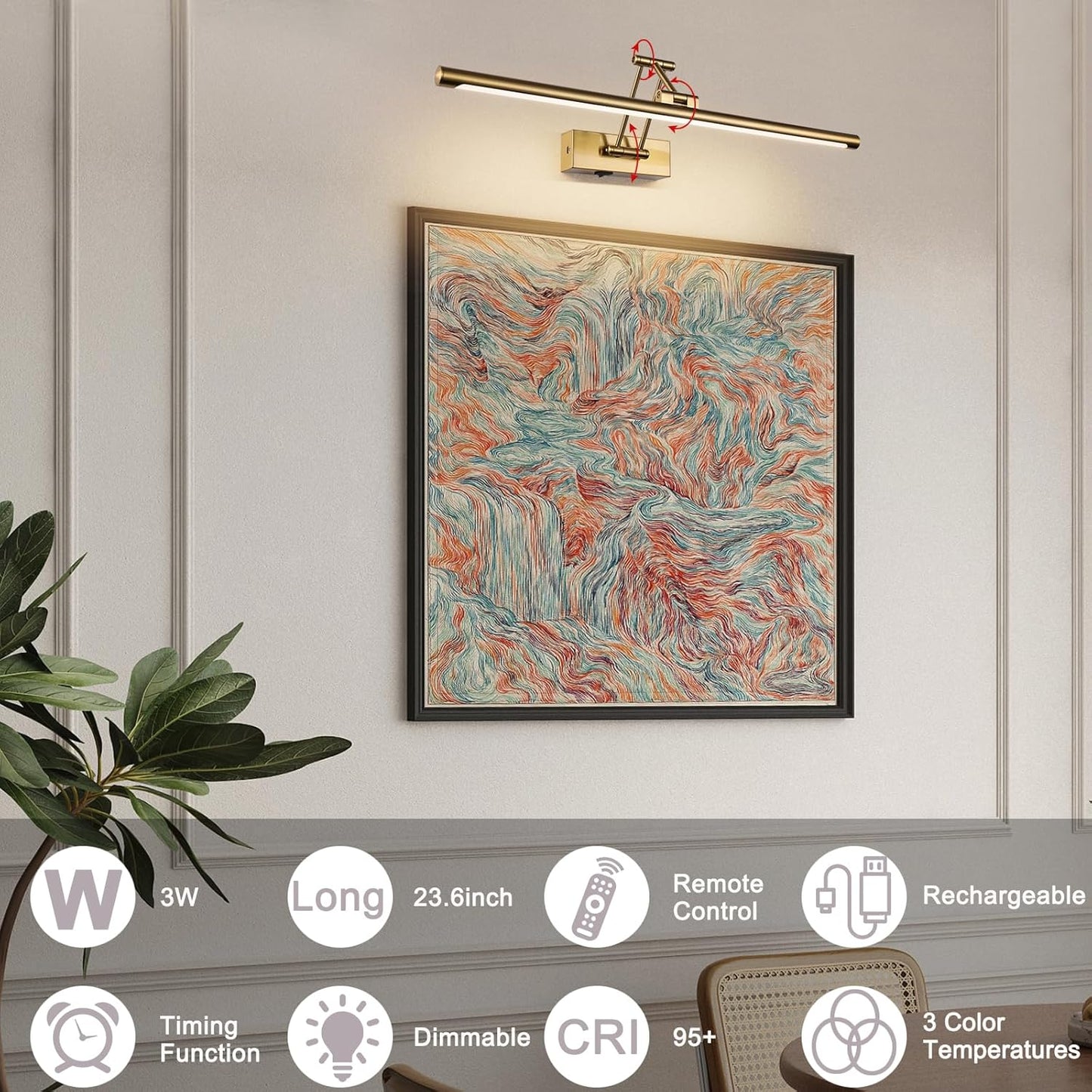 Picture Light Battery Operated with Remote LED Dimmable Picture Light for Paintings, Brass Rechargeable 24 inch Battery Operated Wall Sconce for Art Lighting Gallery Portrait Artwork