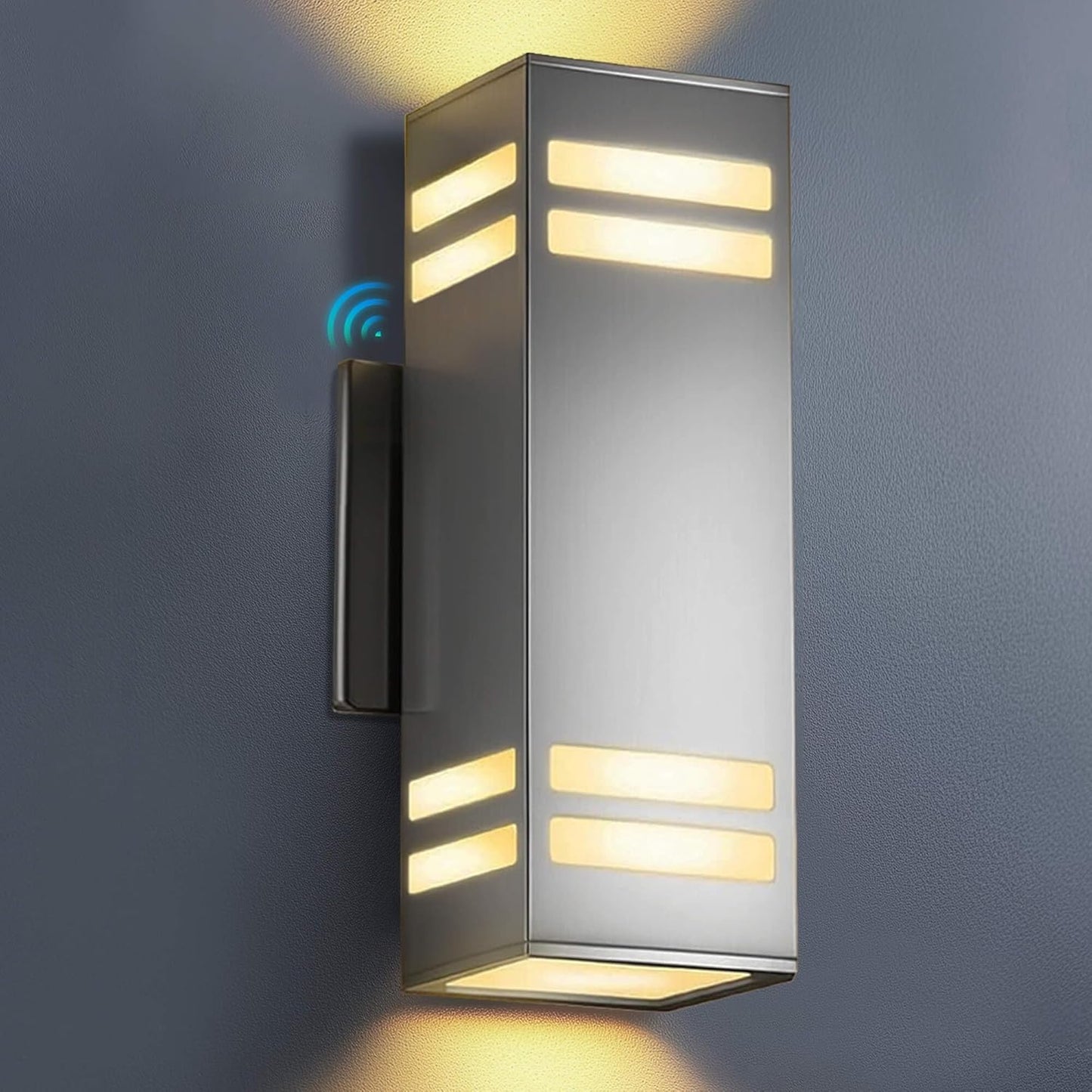 KIZON Modern Dusk to Dawn Outdoor Wall Light, Stainless Steel Up and Down Sconce with E26 Base, Includes 3000K Bulbs, Waterproof Exterior Lighting Fixture for House Porch Garage Entryway