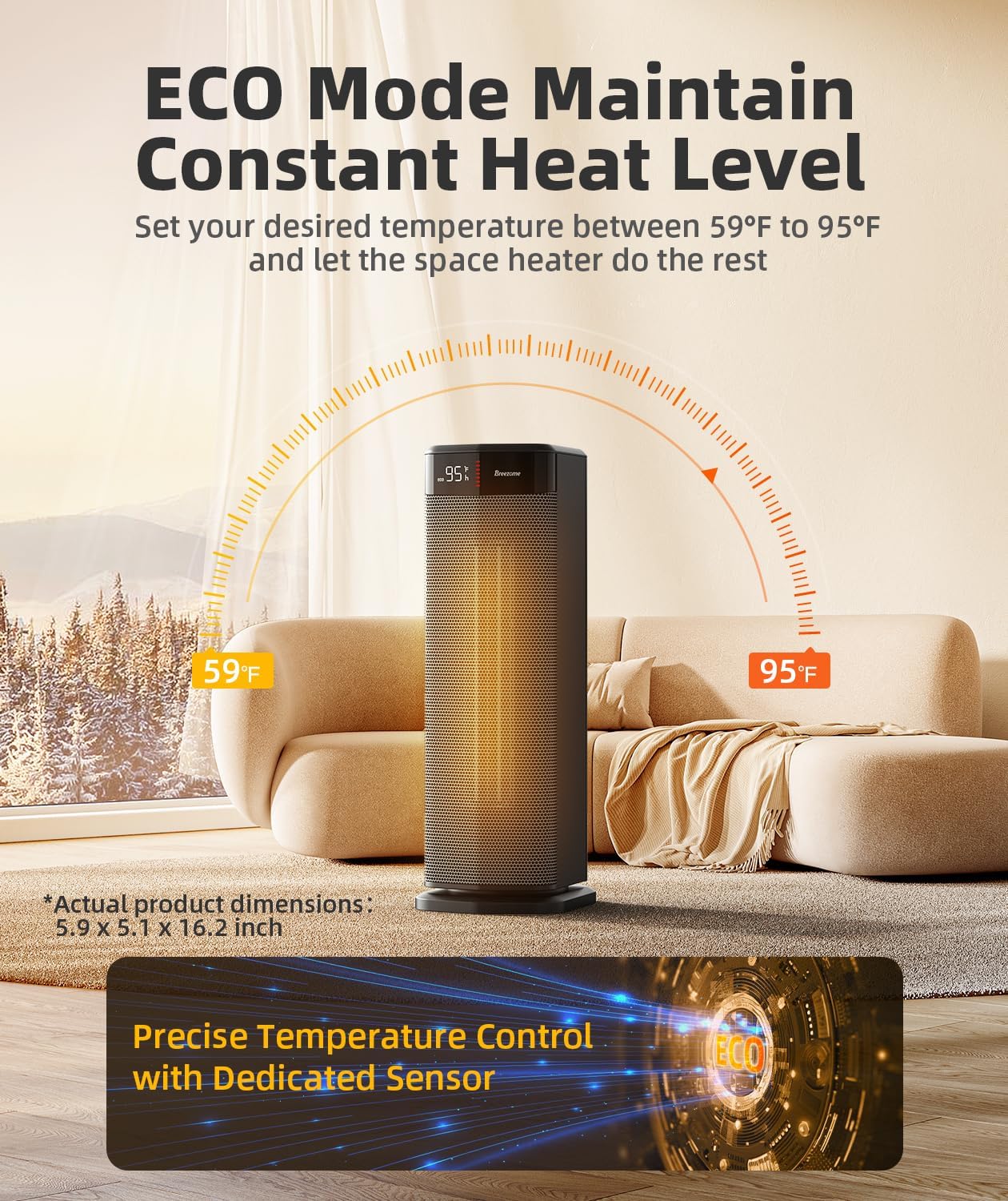 BREEZOME Space Heater for Indoor Use, 1500W Fast Heating Electric Heater with Thermostat & 24H Timer, 90°Oscillating PTC Ceramic Heater, Portable Room Heaters for Home Bedroom Office, Dark Grey