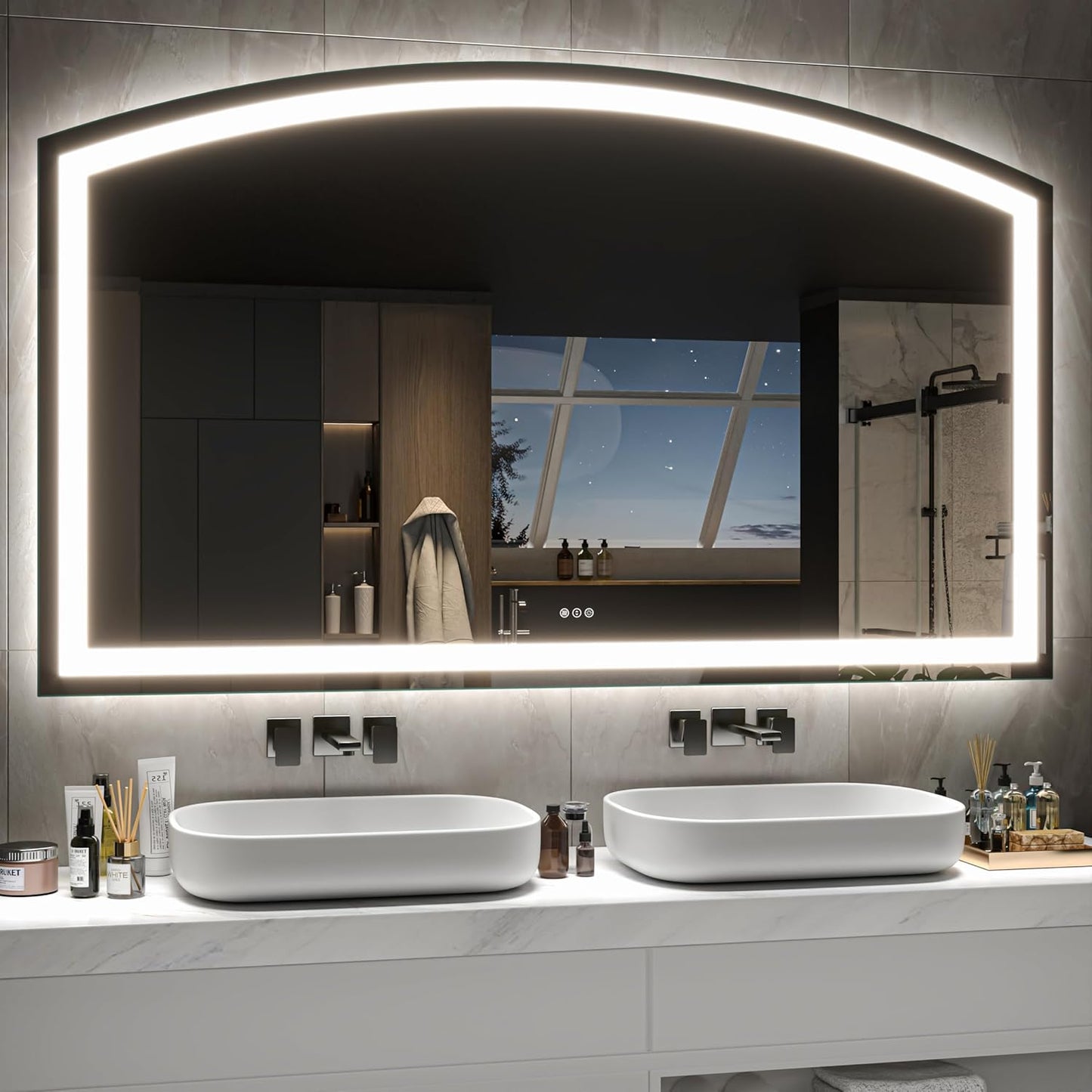 Hasipu 60“ x 36" Arch LED Bathroom Mirror, Frontlit Wall-Mounted Vanity Mirror with Lights, Defogging, Smart Touch, Dimmable 3 Color Modes, Safety Shatterproof Glass Coating