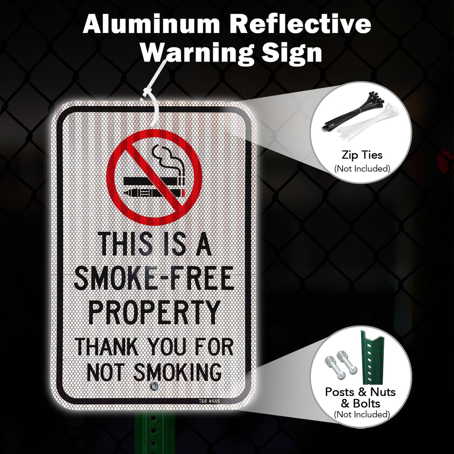 T&R Large No Smoking Sign, Thank You For Not Smoking Sign, 18" x 12" Engineer Grade Reflective Sheeting, Rust Free Aluminum, Weather Resistant, Waterproof, Fade Resistant, 2 Pre-drilled Holes