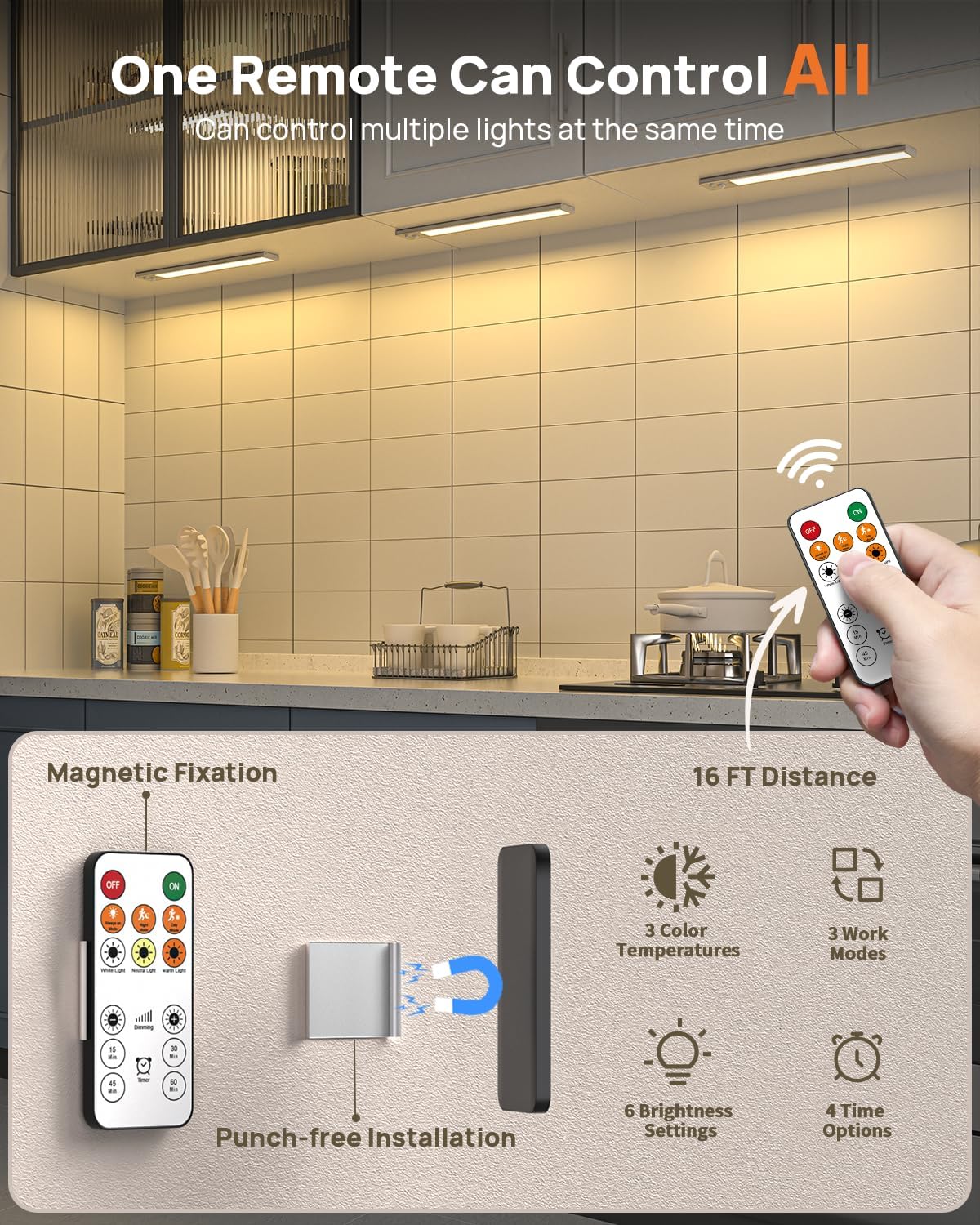 Under Cabinet Lighting Wireless,16 inch LED Motion Sensor Light Indoor, USB Rechargeable Closet Lights with Remote Control, 3 Color Temps Under Counter Lights for Kitchen, Wardrobe, Stairs, 4 Pack