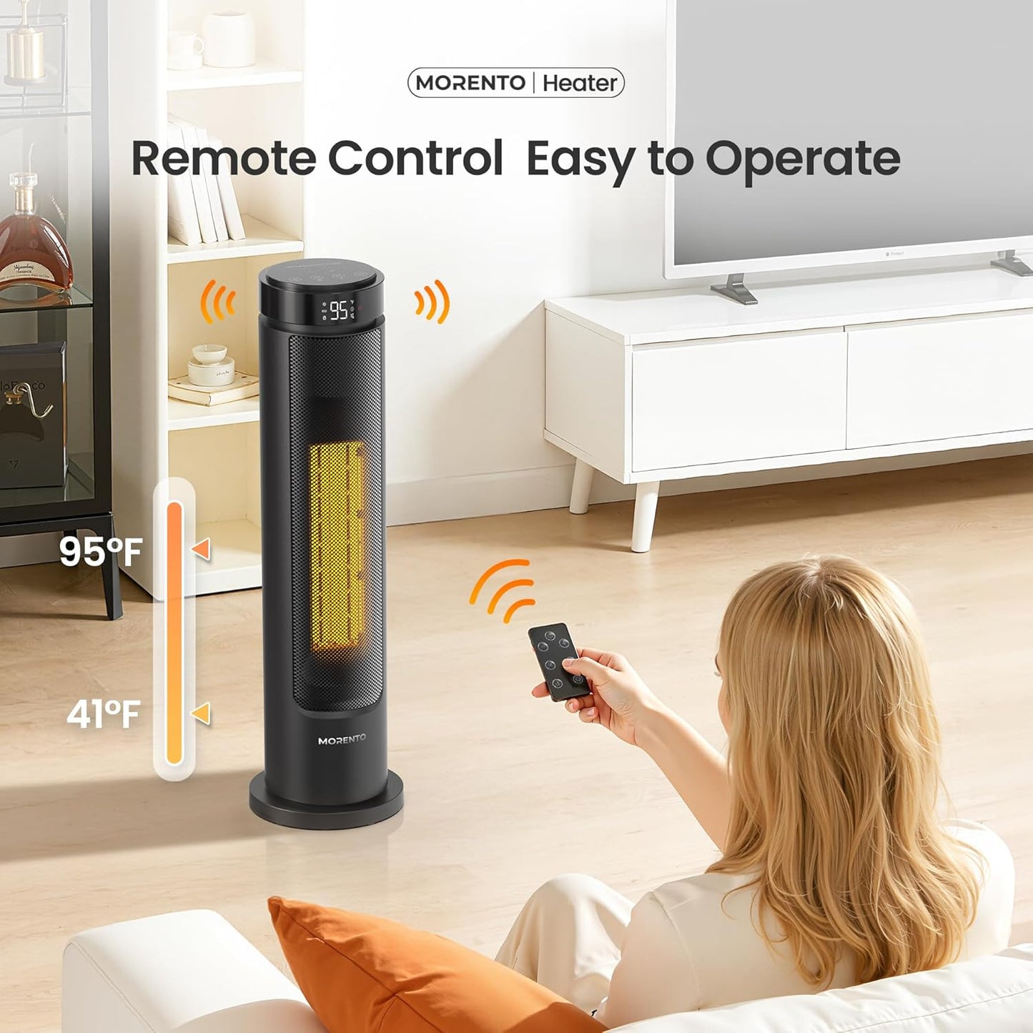 MORENTO Space Heater for Indoor Use, 1500W Ceramic Fast Heat, Electric Space Heater for Large Room with Remote, Thermostat, Digital Display, 5 Modes, 12H Timer, 70° Oscillation, 23dB Black 1 Pack
