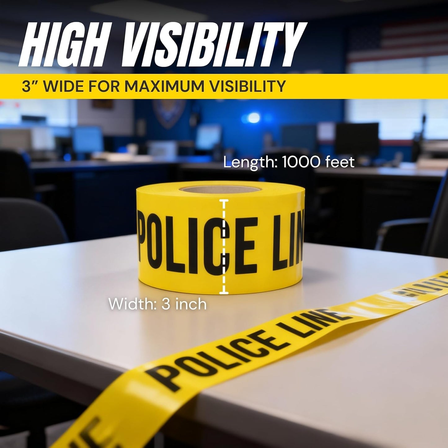 Police Line Do Not Cross Tape 3 inch X 1000 feet • Bright Yellow with a Bold Black Print • 3 in. Wide for Maximum Readability • Tear Resistant