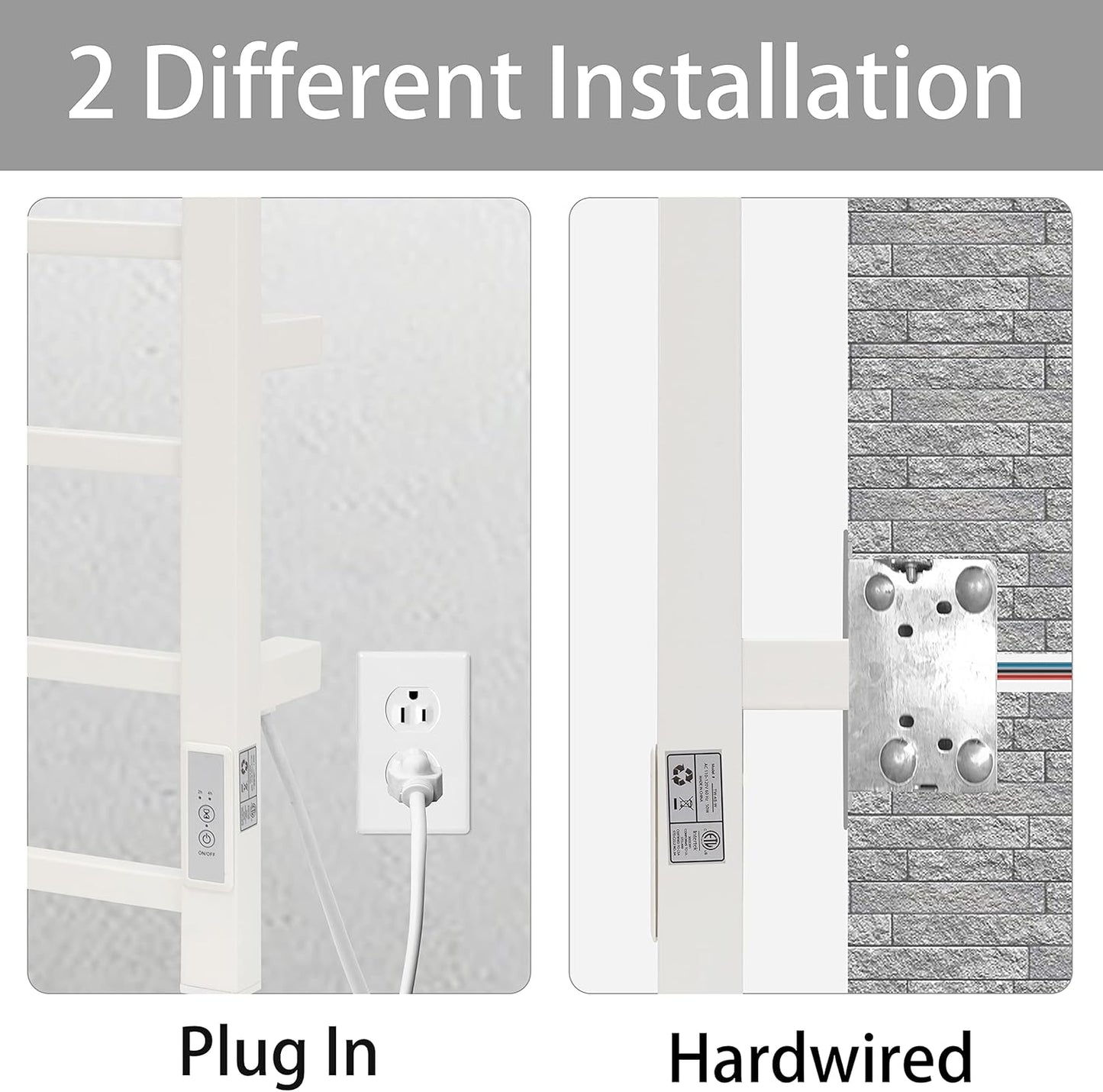 KEG Towel Warmer 4 Bars for Bathroom Wall Mounted Bath Towel Heater Hardwired and Plug-in with Built-in Timer White Square white TW-4s-W Towel warmer 4 bars white