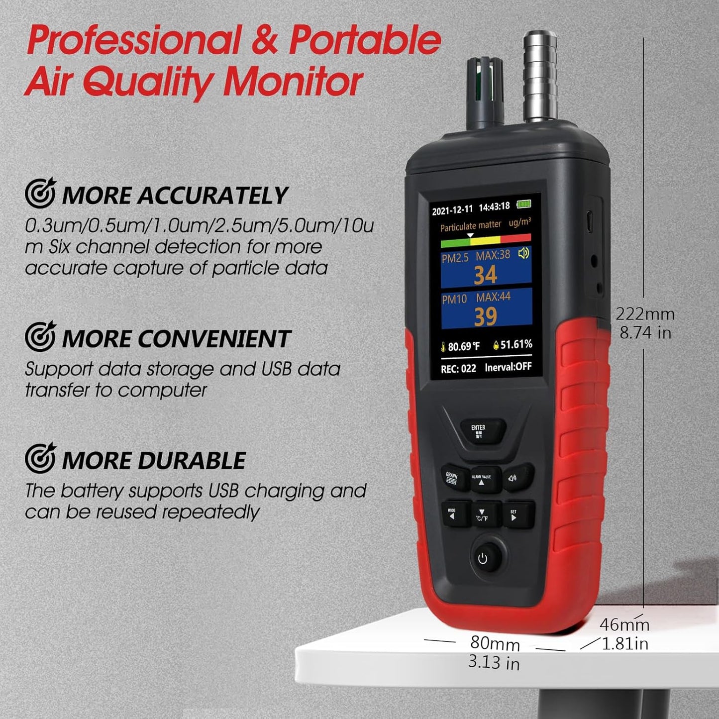 Air Quality Monitor Dust Particle Counter Indoor, Home Air Quality Sensitivity Test 6-Channel Pm0.3/0.5/1.0/2.5/5/10 Um Tester with Temperature/Humidity Monitor/USB Recharge Data Transfer/Storage