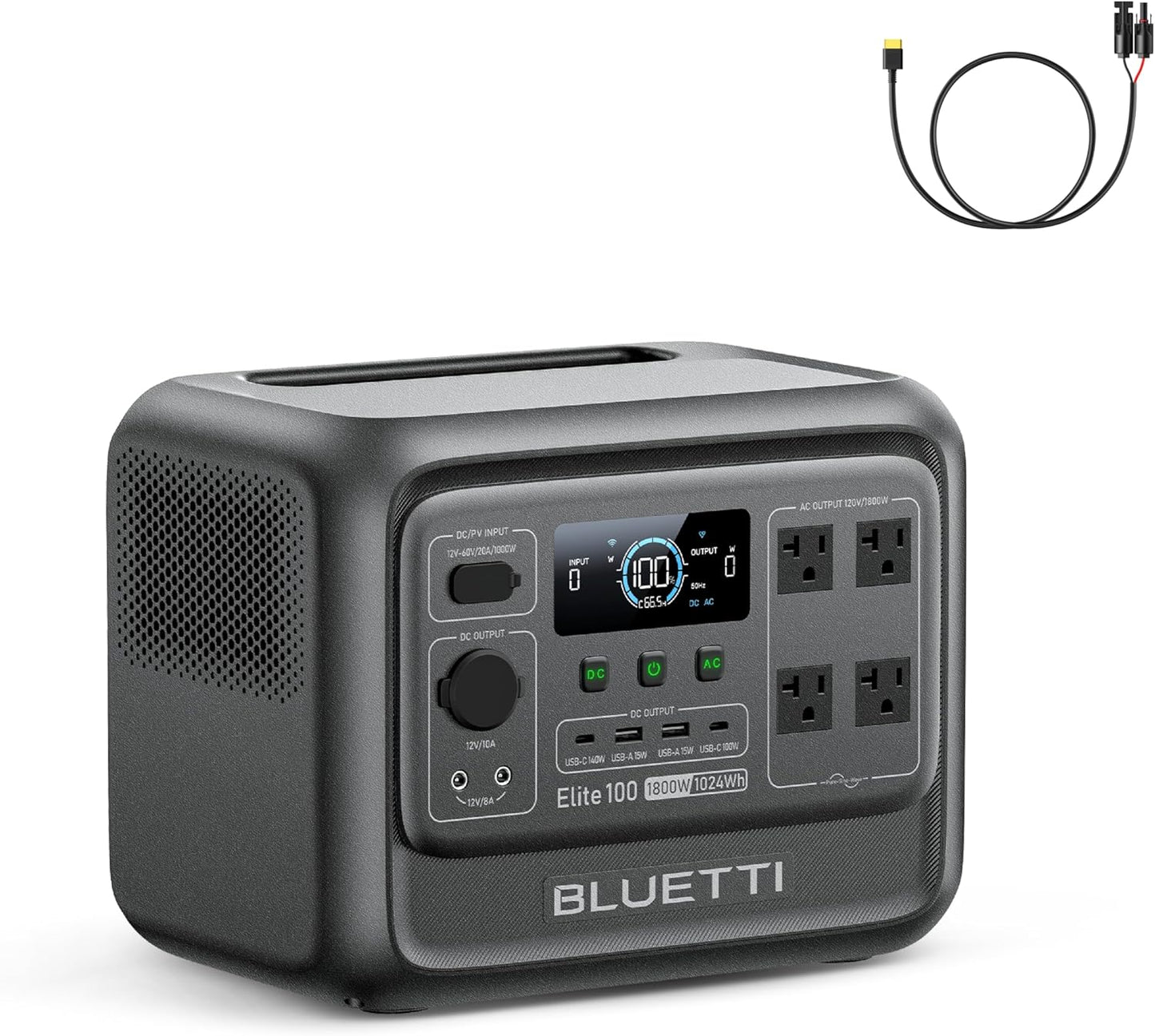 BLUETTI Elite 100 V2 Solar Generator and Solar Charging Cable, 1024Wh LFP Battery Portable Power Station w/ 4 1800W AC Outlets (3600W Surge) Backup, 35% Smaller for Camping, RV, UPS, Outages