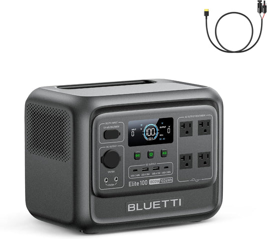 BLUETTI Elite 100 V2 Solar Generator and Solar Charging Cable, 1024Wh LFP Battery Portable Power Station w/ 4 1800W AC Outlets (3600W Surge) Backup, 35% Smaller for Camping, RV, UPS, Outages