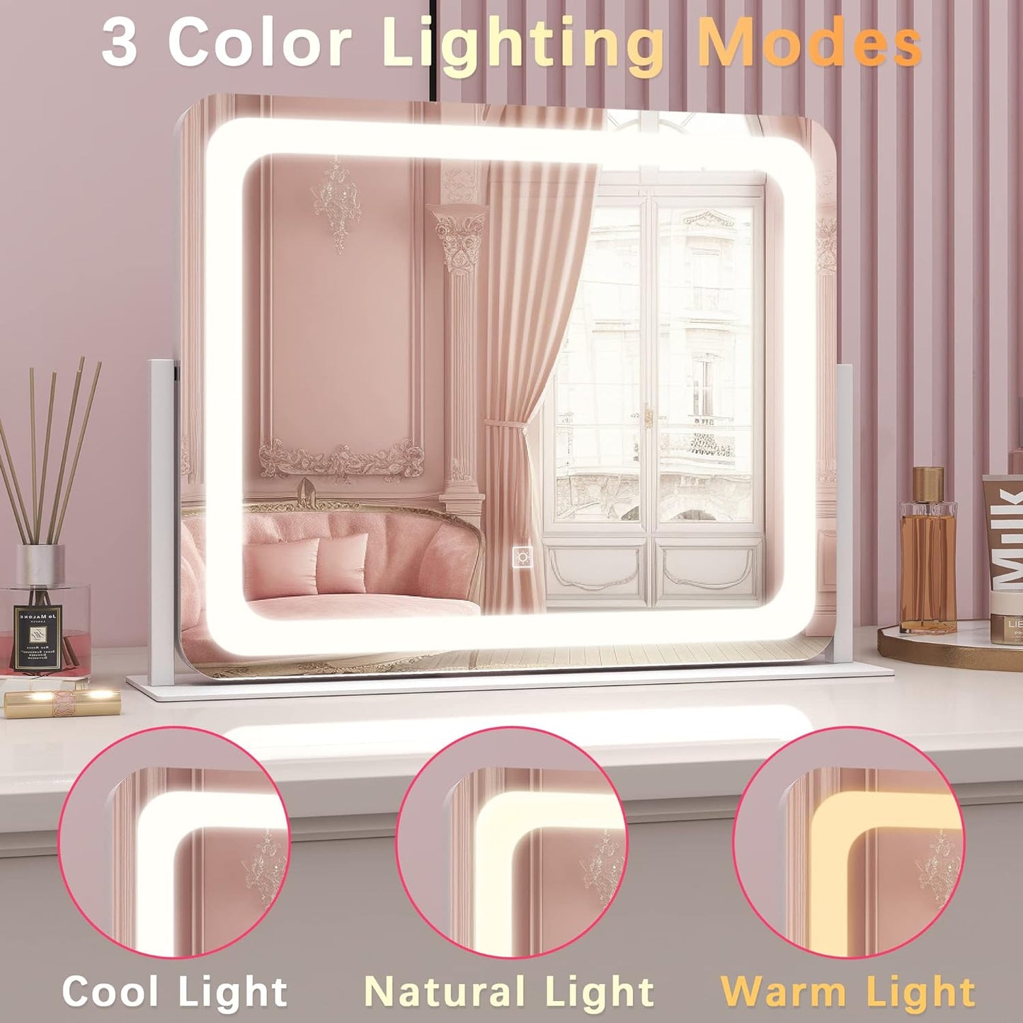 ROLOVE 22x17 Inch Lighted Vanity Mirror with Dimmable LED Lights - 3 Color Modes, Smart Touch Control & 360° Rotating Base - Desk Makeup Mirror (White)
