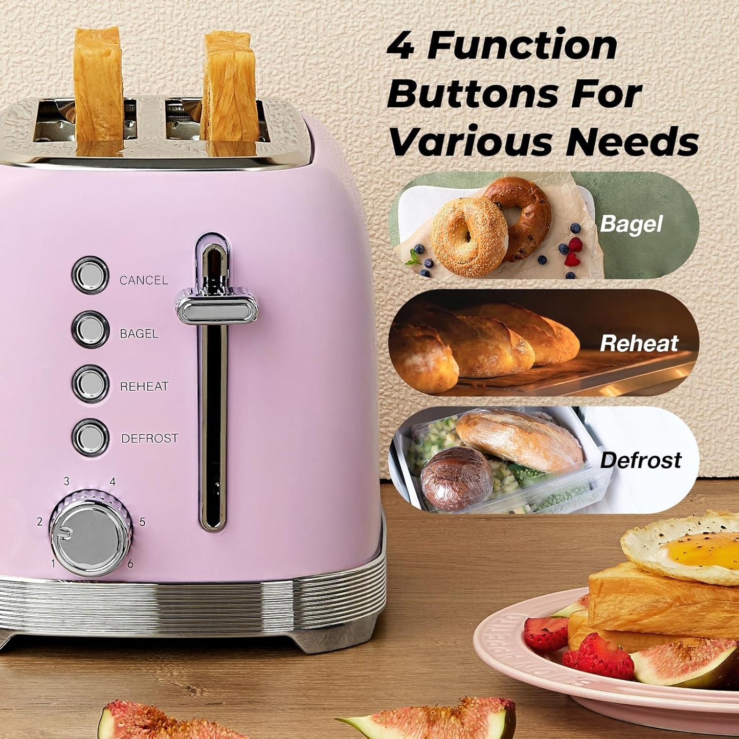 Toaster 2 Slice Retro Stainless Steel with 1.5” Extra Wide Slots Bagel, Defrost, Reheat, Cancel Functions, 6 Bread Shade Settings, Removable Crumb Tray, Pastel Pink