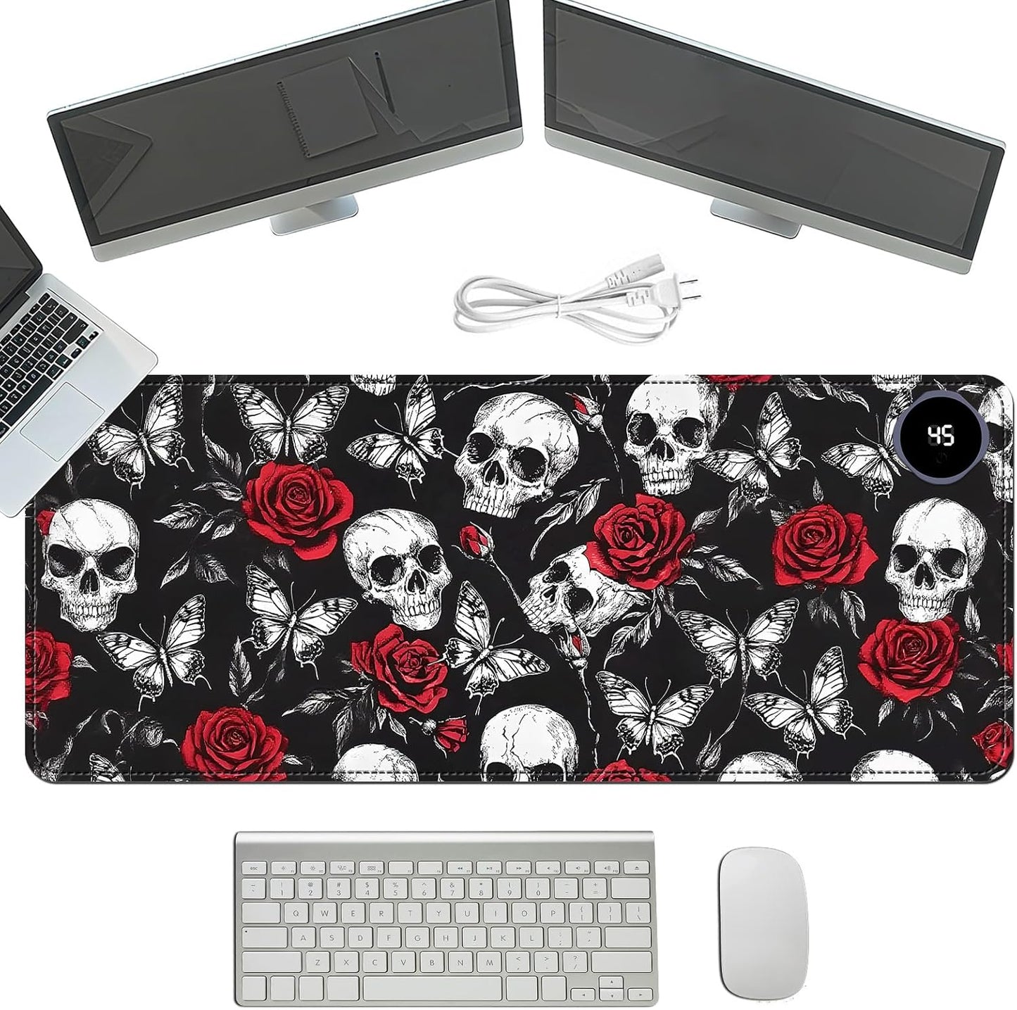 Heated Mouse Pad with 3 Temperature Settings(104°F–122°F),Large 31.5x13 Inch PU Leather Heated Desk Mat,Waterproof Warming Pad for Office,Gaming & Cold Hands Relief,Skeleton Skull Rose