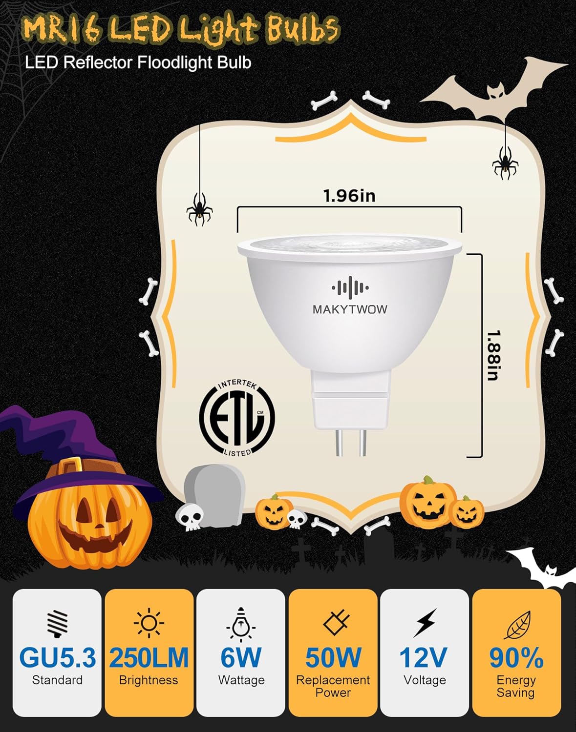 Orange MR16 GU5.3 Led Bulbs, Bi-pin Base LED Spotlights 12V LED Bulbs for Christmas Holiday Decoration Outdoor Landscape Lighting, 6Pack