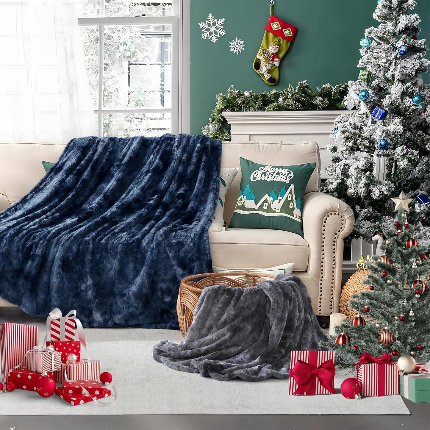 Sealy Electric Blanket Twin Size, Faux Fur & Flannel Heated Blanket with 10 Heating Levels & 1-12 Hours Auto Off, Fast Heating Blanket, Machine Washable, Navy Blue, 62x 84 Inch