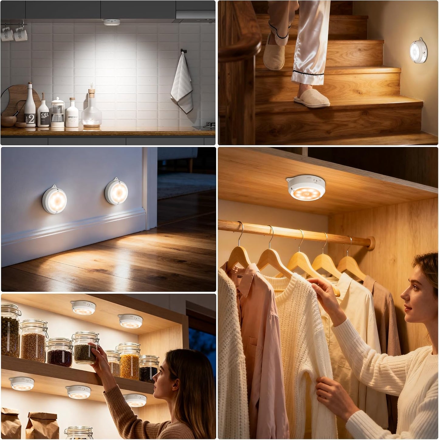 YiaMia Motion Sensor Under Cabinet Lighting - 3 Pack, 3 × AA Battery Operated Smart Wireless Night Light, 3 Light Colors + Dimming, Indoor Stair Light Suitable for Kitchen, Wardrobe and Hallway