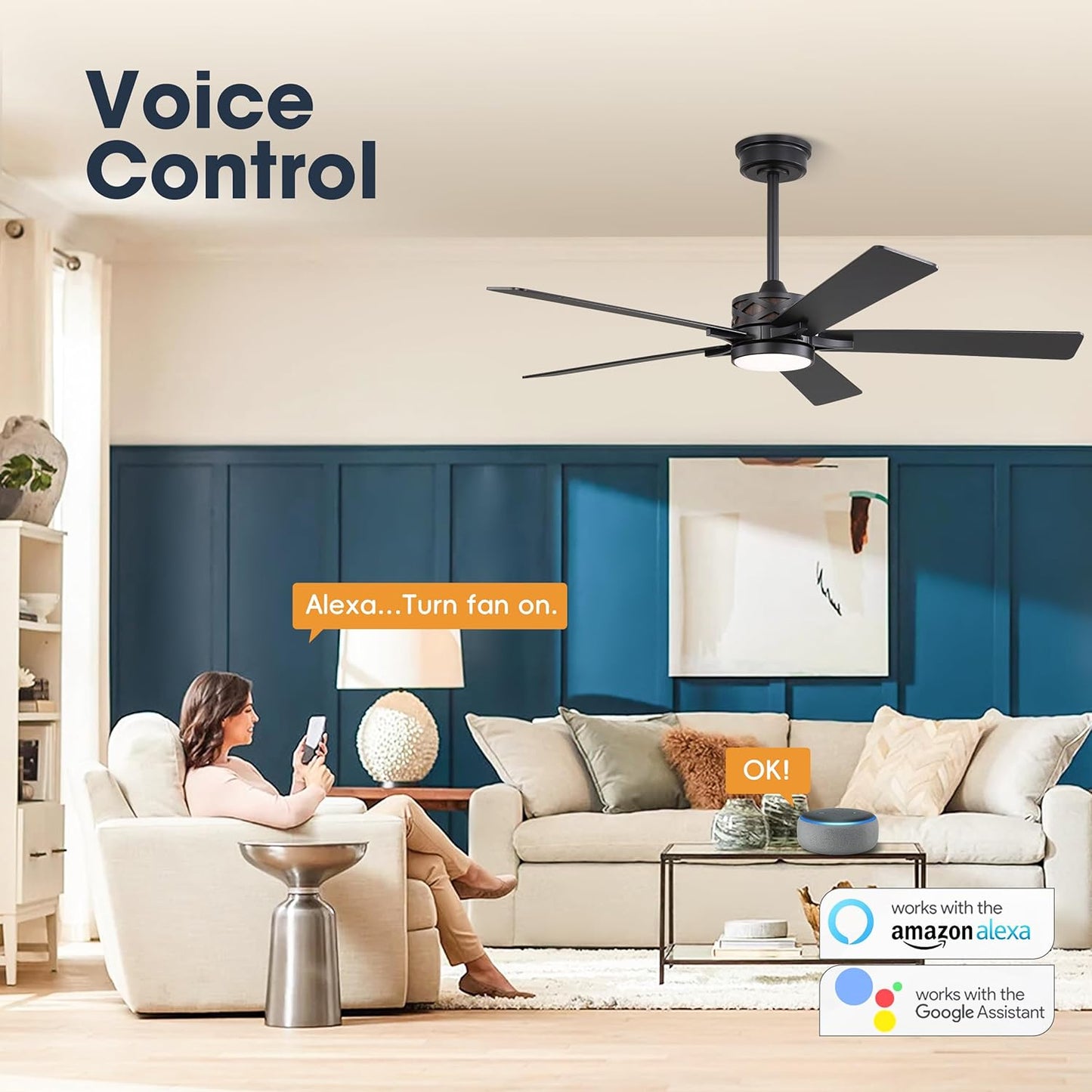 WINGBO 52" Smart Ceiling Fan with Lights, Black/Walnut Blades, 6 Speeds Reversible DC Motor, Works with Alexa and Google Assistant, 3CCT Dimmable LED Ceiling Fan for Bedroom Living Room, Black Finish