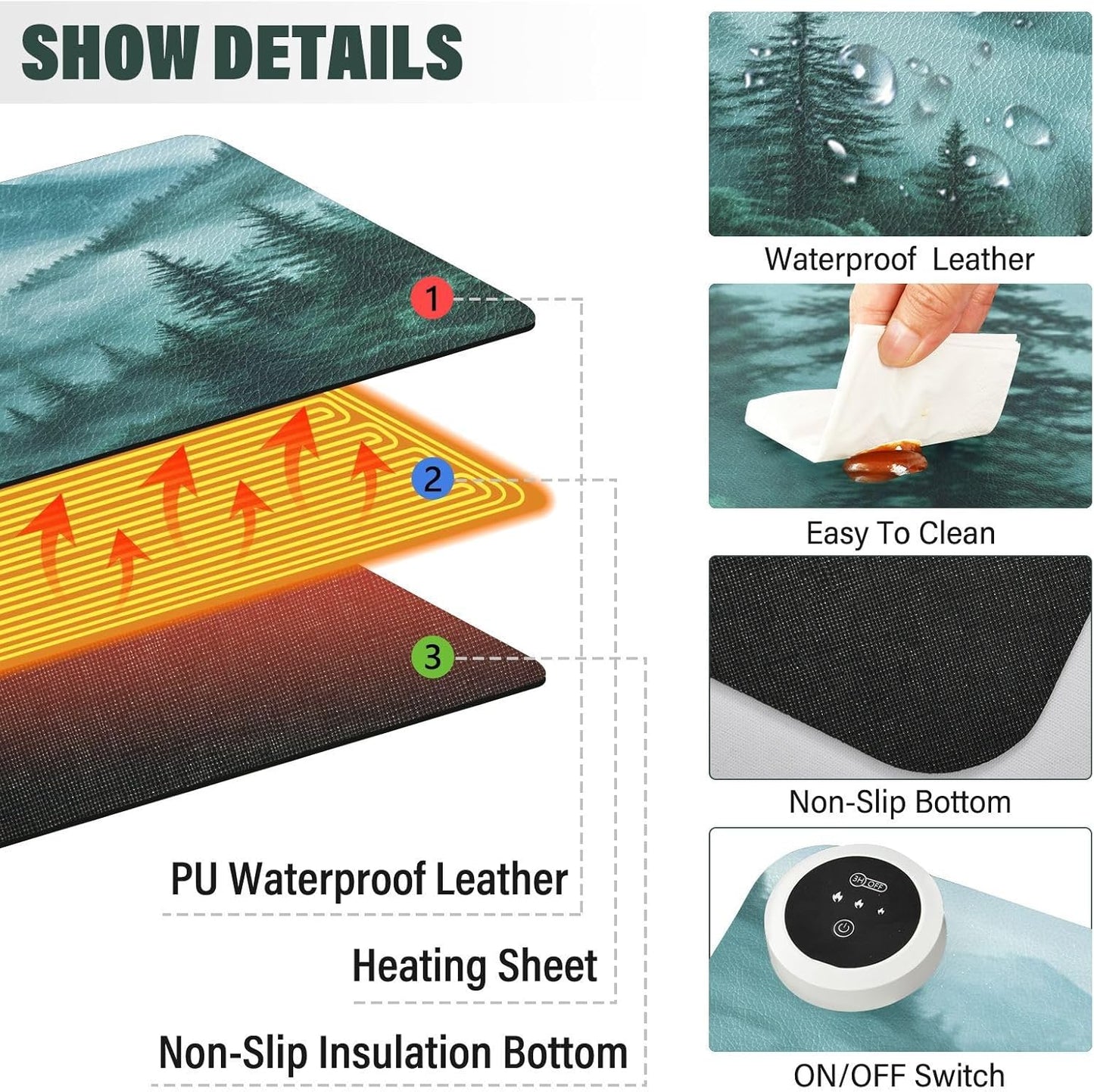Heated Desk Pad Mouse Pad 31.5x13 Inch PU Leather Desk Mat with 3 Heat Levels Large Mouse Gaming Computer Laptop Mat Foggy Green Mountains and Pine Trees