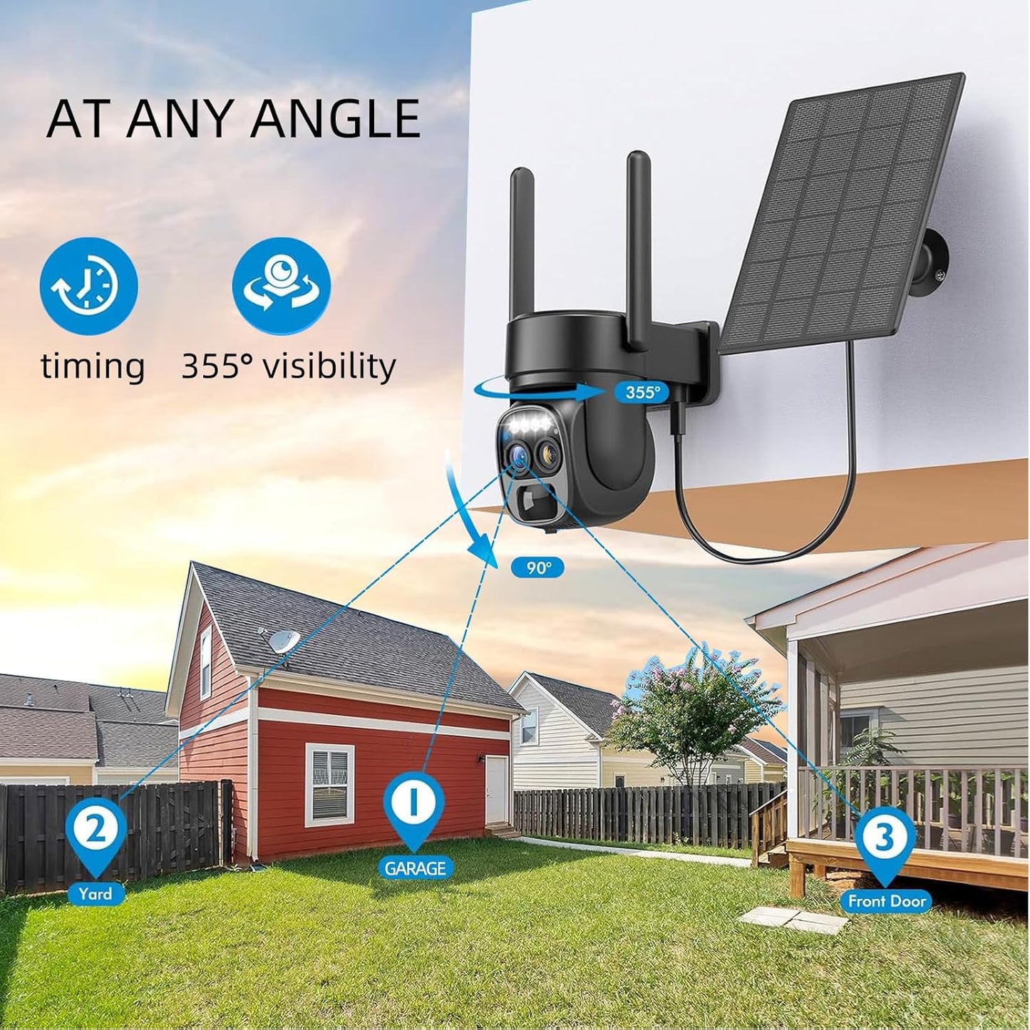 Hawkray Pannel Solar Wireless Outdoor Battery Security Camera， Dual-Lens, 10xZoom, 2K Resolution 3MP 360°Pan/Tilt，2.4&5G WiFi Powered Camera