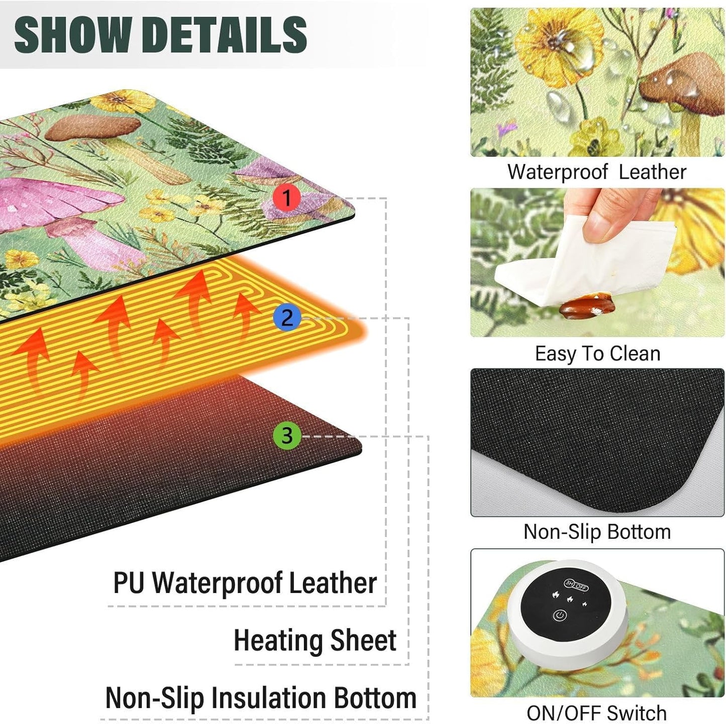Heated Desk Pad Mouse Pad 31.5x13 Inch PU Leather Desk Mat with 3 Heat Levels Large Mouse Gaming Computer Laptop Mat Watercolor Mushrooms Green