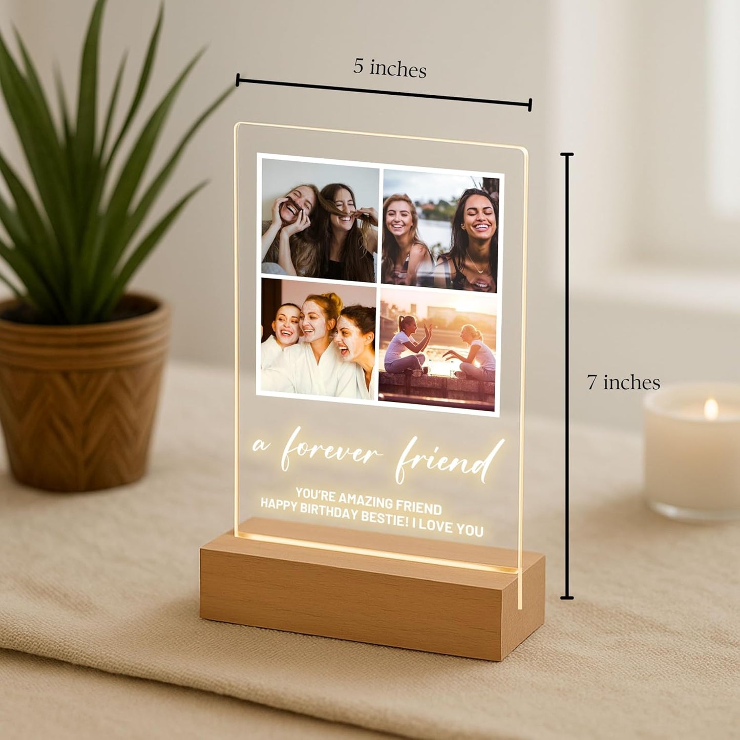 Personalized Photo Plaque Print with Wooden, Acrylic, Led Light Stand - Gift for Bestfriend for Her Gift for Him Photo Collage Bestie Gifts Custom Couples Gift Gifts for Wife, Christmas Gifts for Her, Thanksgiving Gifts